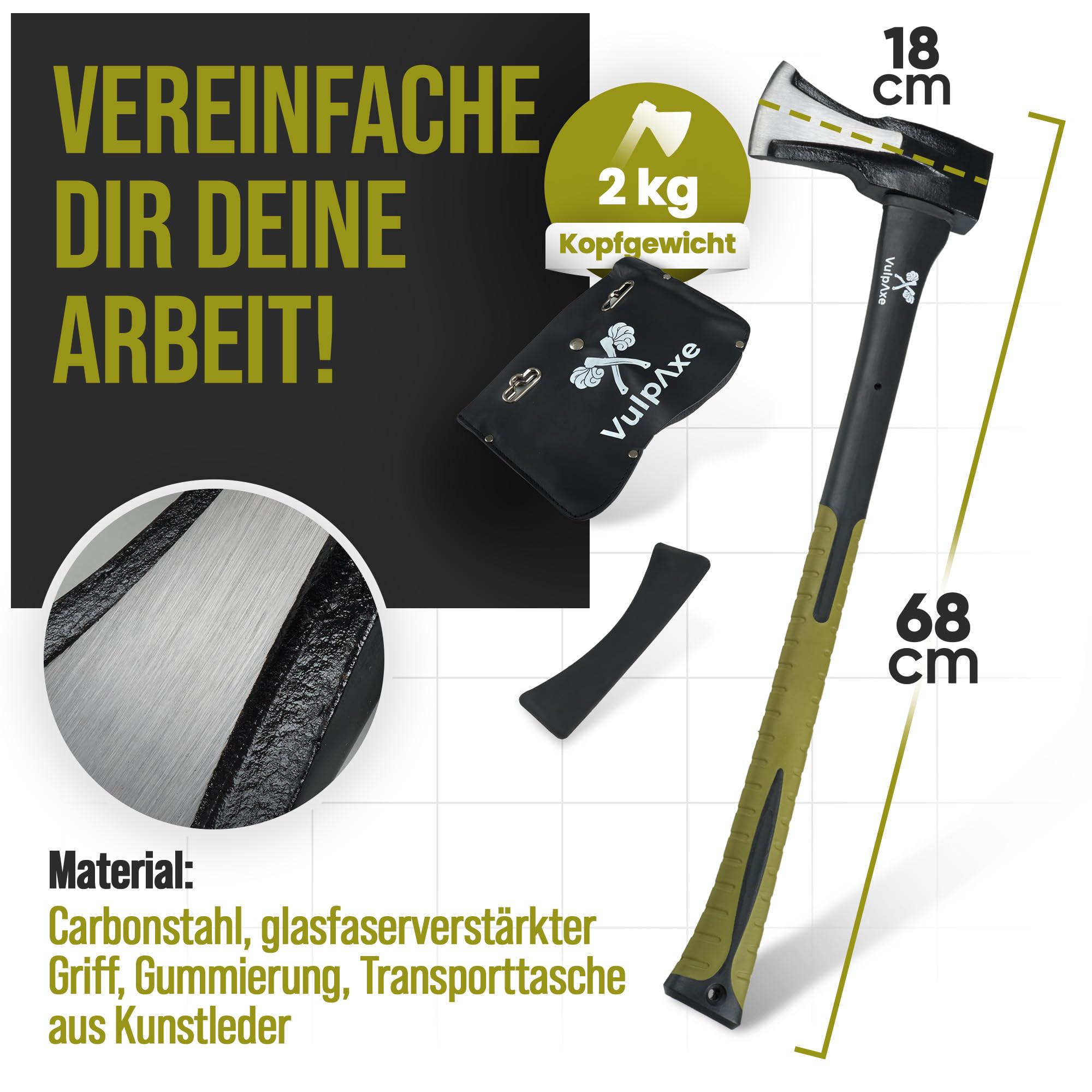 VULPAXE Spaltaxt 2kg 68cm – Profi Axt & Beil mit Carbonstahl-Klinge – Spalthammer für Holz Spalten – Glasfaserverstärkter gummierter Griff