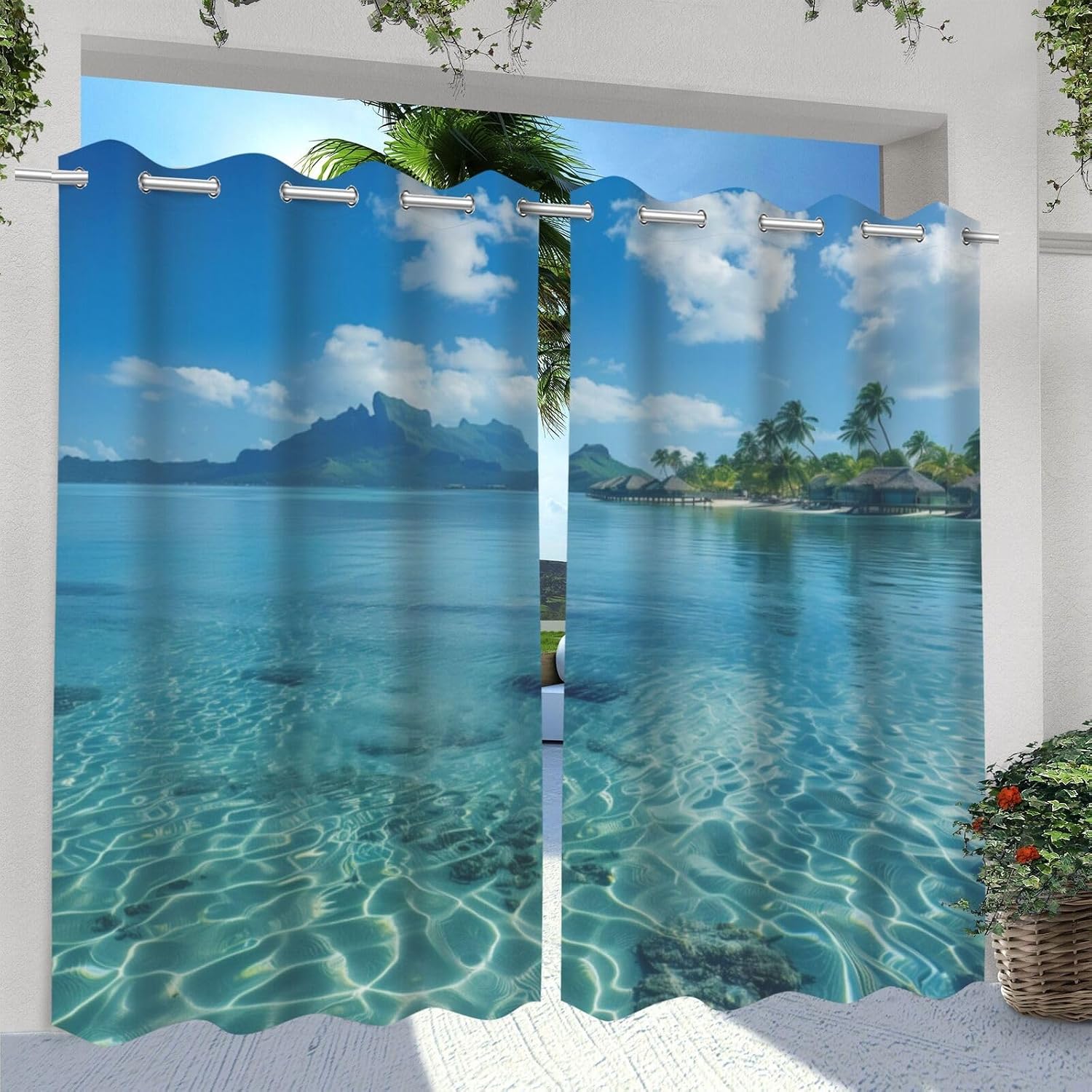 Island Beach theme Waterproof Outdoor Curtains for Patio,Sea Water And Palm Trees pattern,Waterproof,Privacy,Grommet Curtains for Patio,Pergola,Porch,Deck,Lanai,Cabana,2 Panels,54 x 84 inch,Blue Green