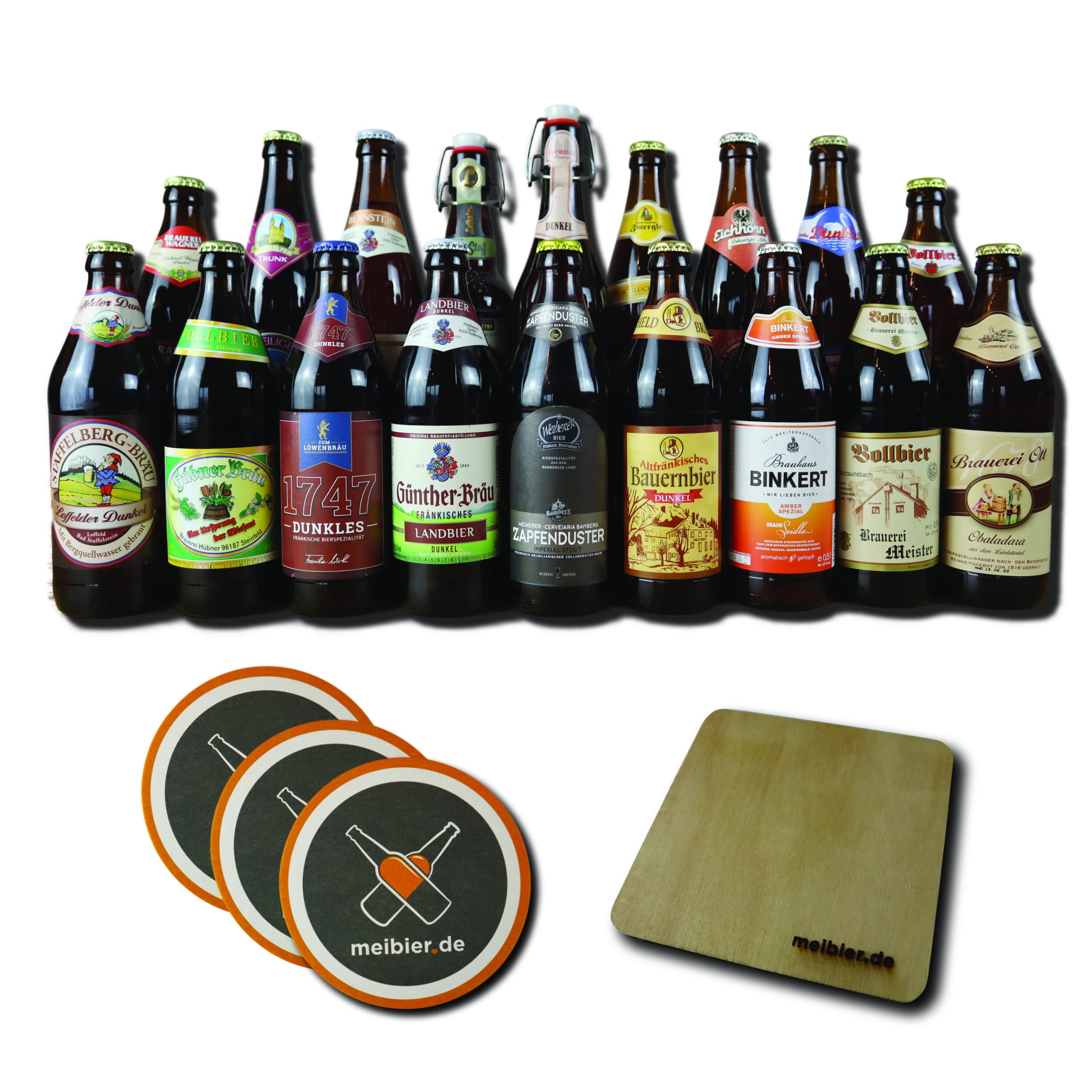 meibier© Dunkle Bier Box aus Franken,18x 0,5 Liter fränkisches Bier + Holz Untersetzer + 3x Bierfilz, tolles Bier Geschenk, Bierbox, Bierpaket