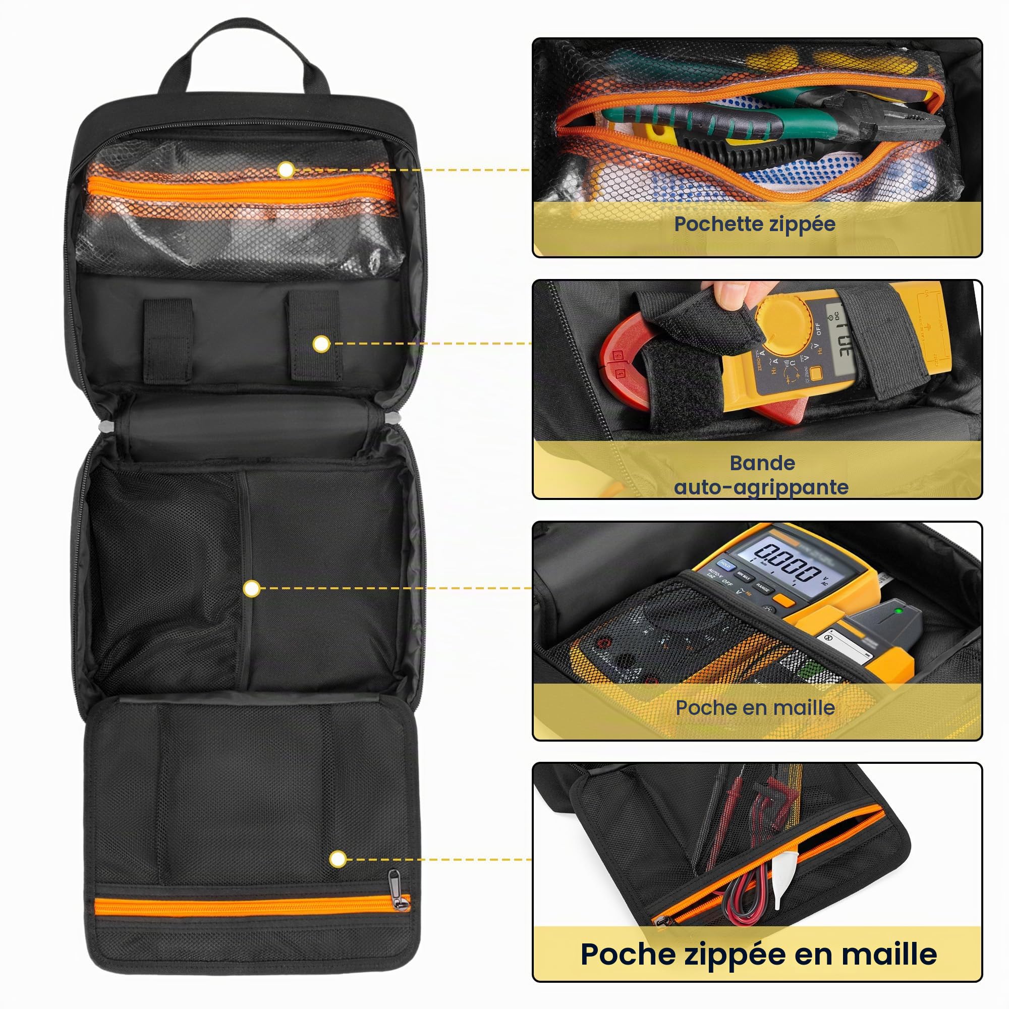 Rexmica Petit Sac à Outils pour la Plupart des Multimetre Numerique/Testeur Electrique Standard, Sac de Rangement pour Outils D'électricien avec Plusieurs Poches (Sac Uniquement), Noir