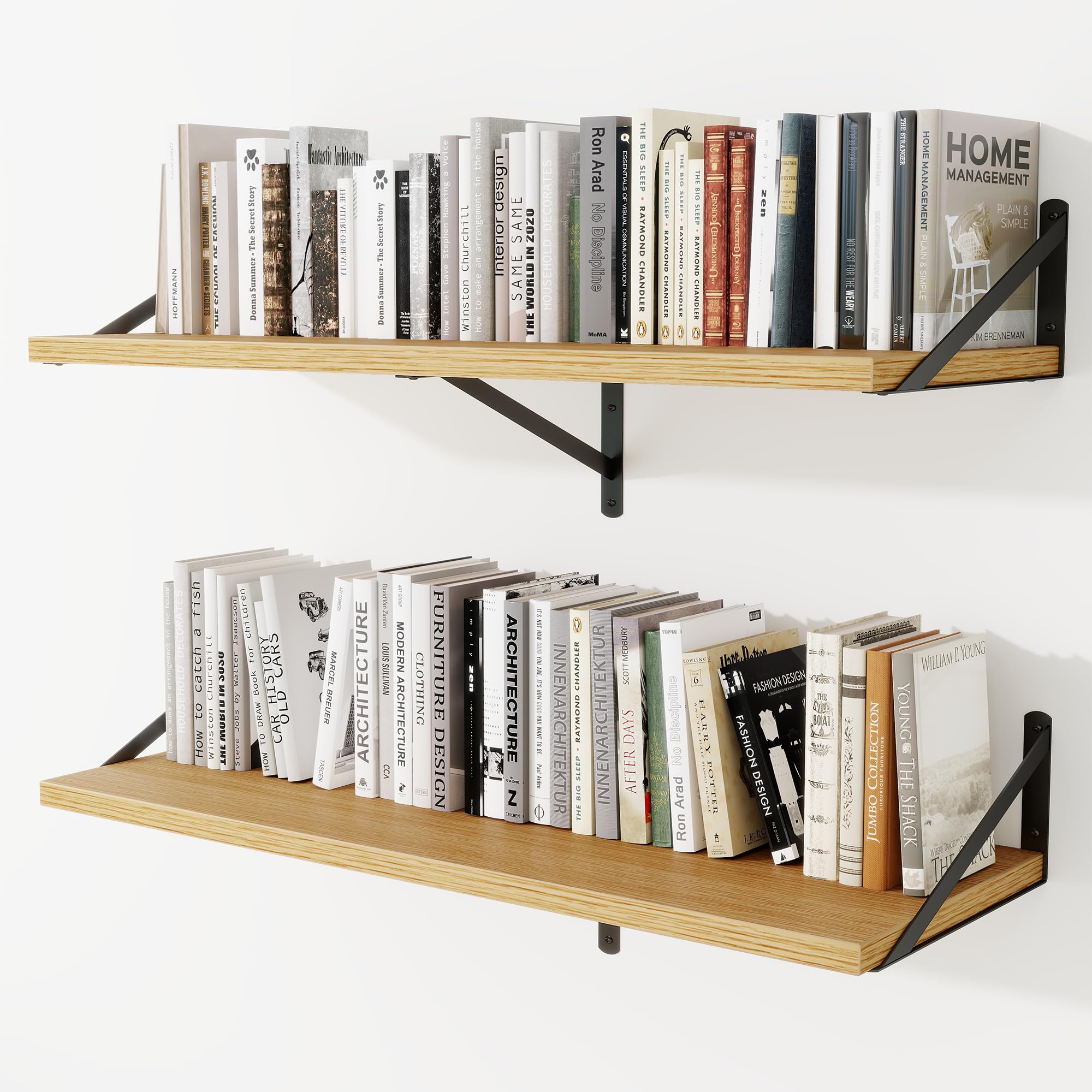 Deep Wall Shelves 40"W x 12"D Engineered Wood Floating Shelves for Wall, Sturdy Metal Bracket Bookshelves Home Decor Storage for Living Room Bedroom Bathroom Kitchen, Set of 2, Oak Finish