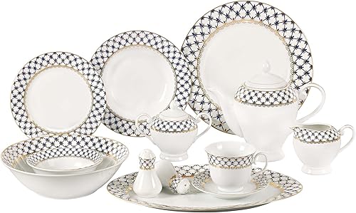 Lorren Home Trends Juego de vajilla de porcelana de 57 piezas con borde de celosía azul cobalto, servicio para 8, dorado