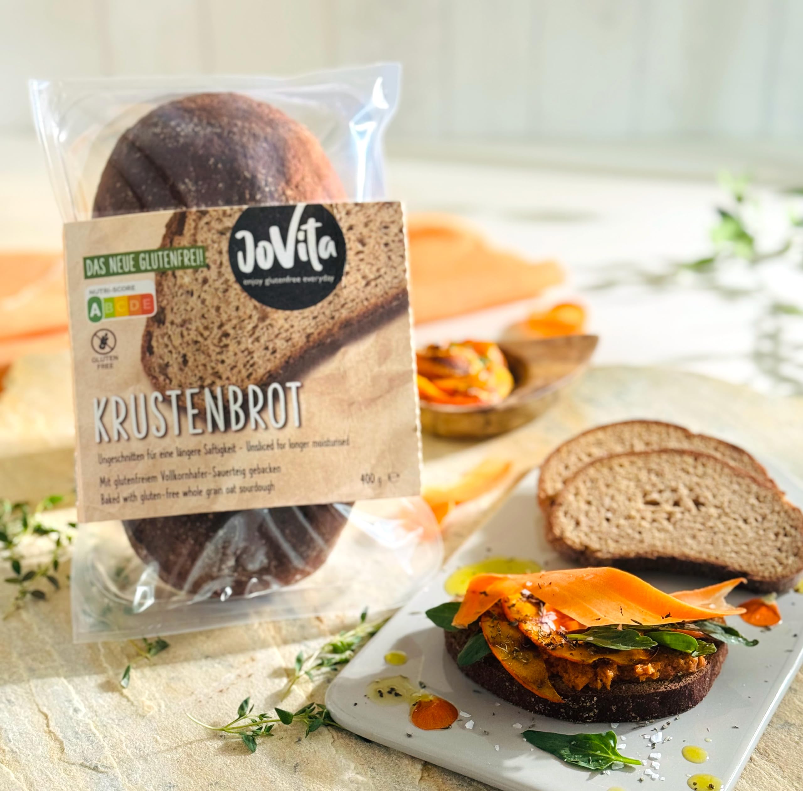 JOVITA Krustenbrot-aus Vollkornhafermehl-Sauerteig glutenfrei vegan (400 g) verpackt für lange Saftigkeit/Kontaminierungsschutz natürliche Zutaten keine Weizenstärke traditionell handwerklich gebacken