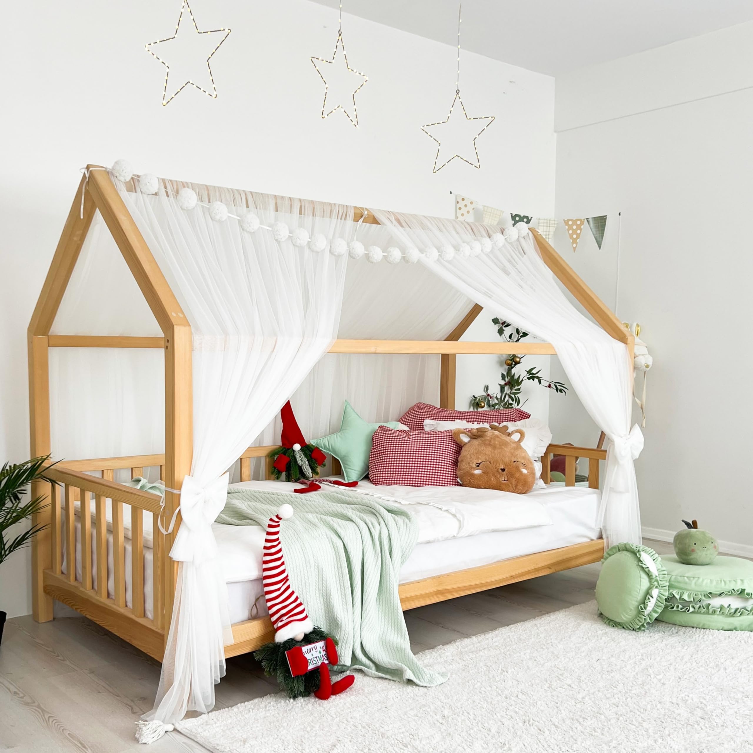 Montessori - Toldo de cama para dormitorio de niñas y niños, elegante decoración de habitación de niños, cortina de cama Montessori para niños pequeños con drapeado suave (blanco, 340 cm, juego