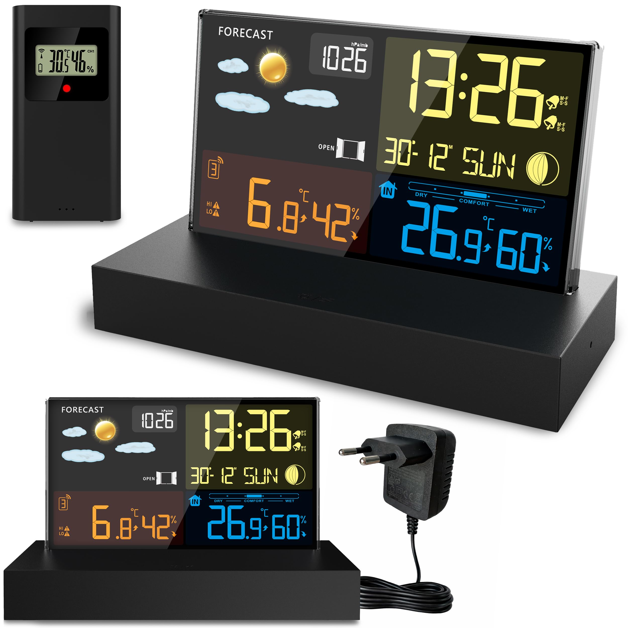 Berdsen Wetterstation Thermometer Innen Außen Kabellos Digital Hygrometer DCF Barometer Schwarz