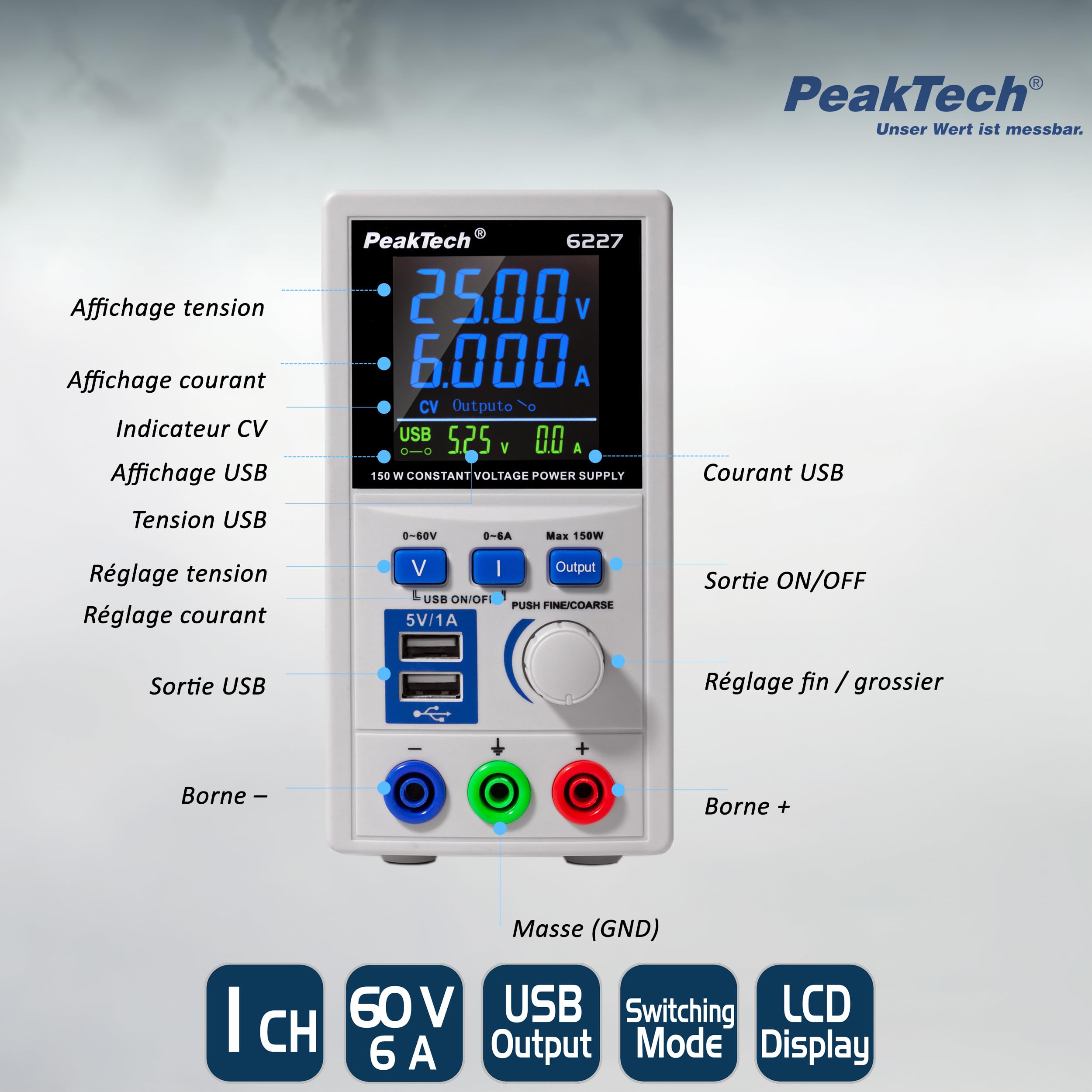 PeakTech P 6227 - DC Switching Power Supply 0-60 V/ 0-6 A with Color LCD & 2 x USB