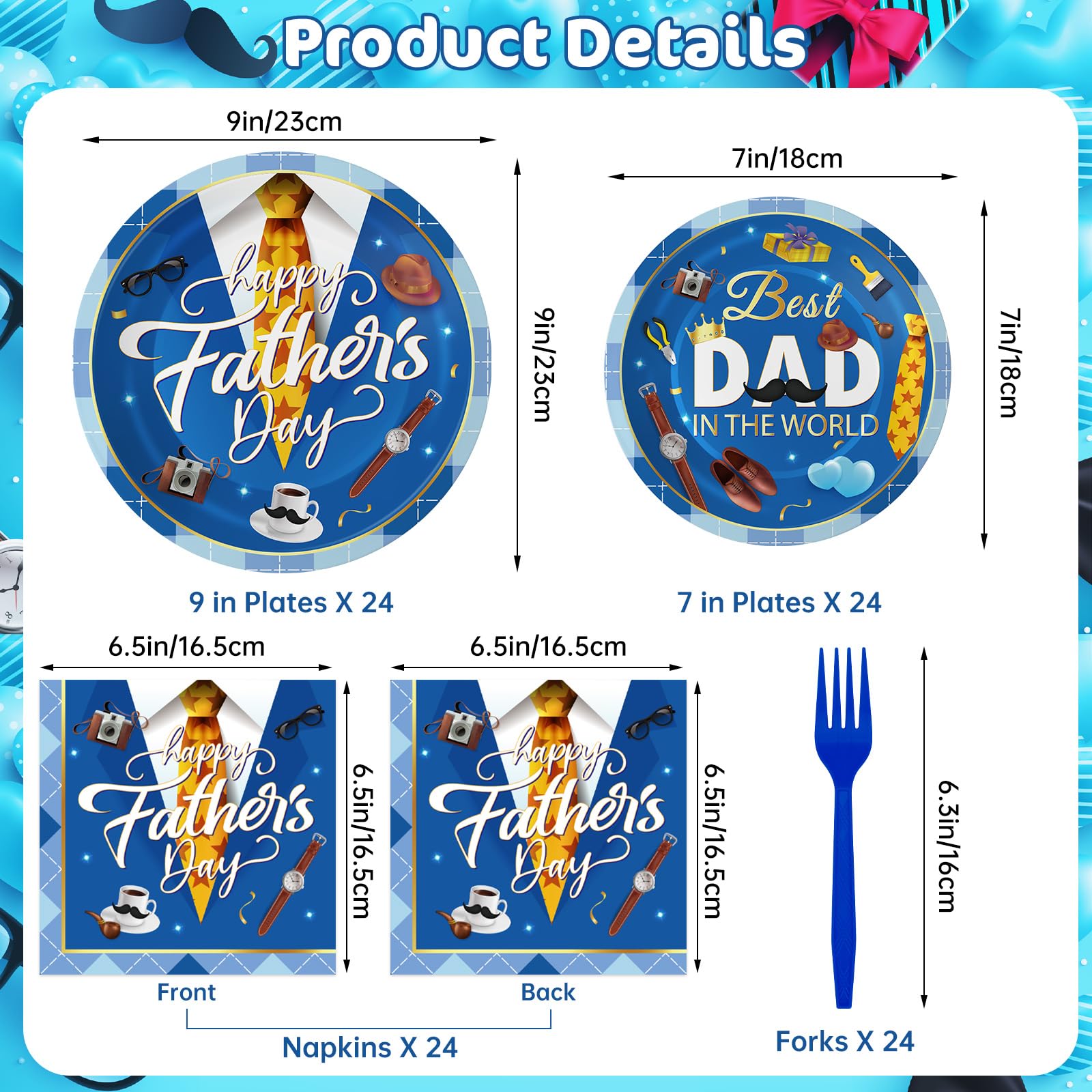 98-Pc Father's Day Party Supplies - Tableware Set For 16 With Plates