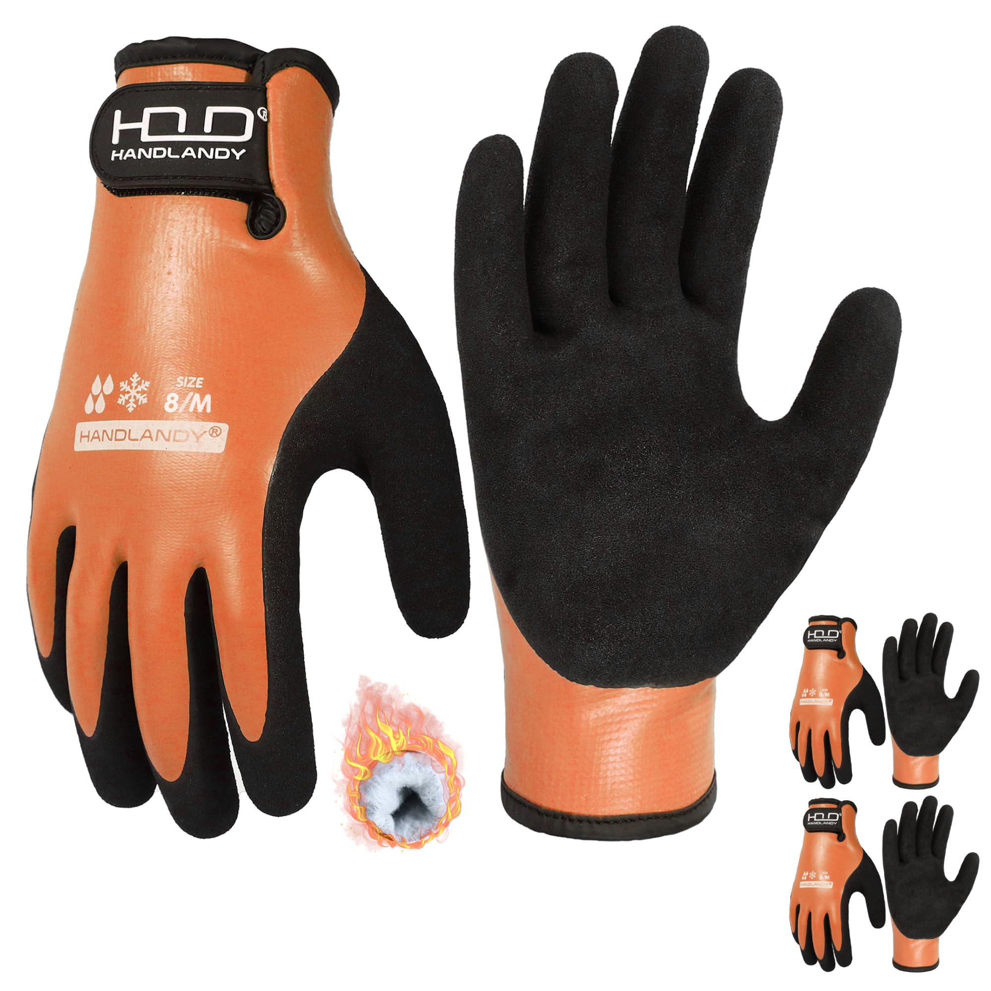 HANDLANDY 2 Pairs Winter Waterproof Work Gloves, Thermal Insulated Cold Weather Gloves with Grip for Men Women, for Freezer Fishing Warehouse (Black-Orange, M)