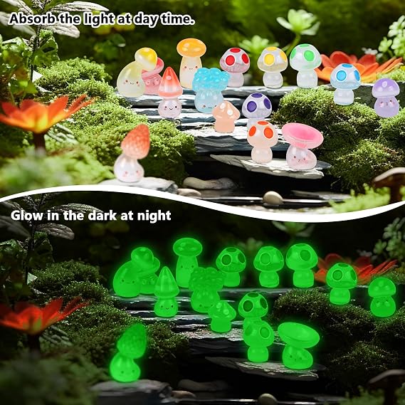 40Pcs Mini Resin Mushroom Glow in the Dark Miniature Resin Luminous Mushroom Figurines Tiny Small Animals for Micro Landscape Fairy Garden, Terrarium, and Dollhouse Decor