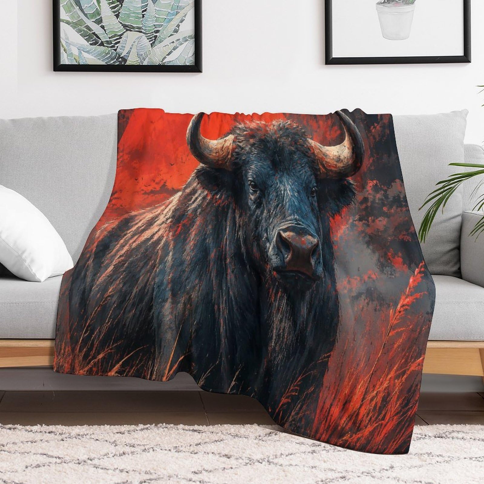 Dramatic Buffalo Portrait with Red Accents Kuscheldecke für Zuhause
