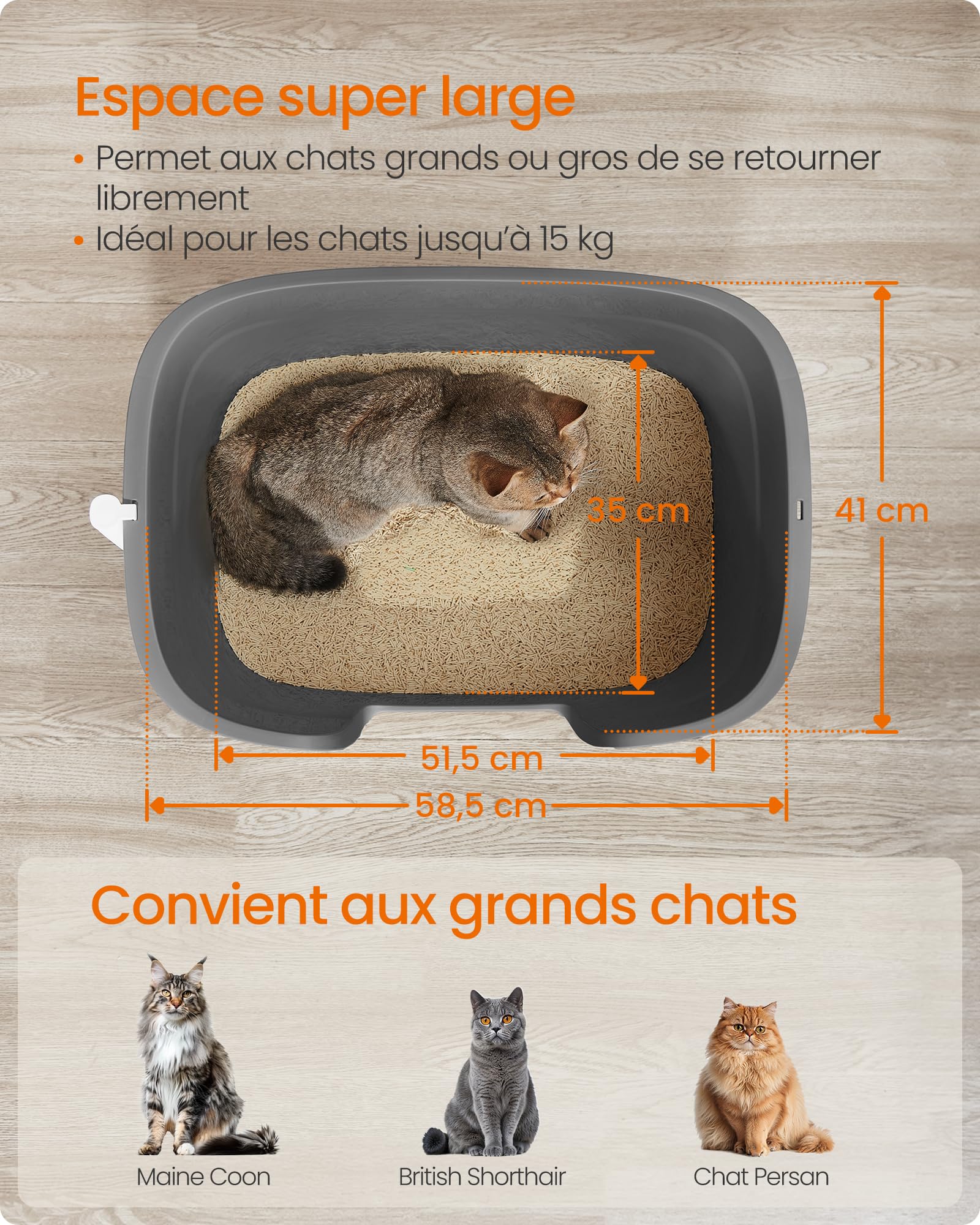 Feandrea Bac à Litière pour Foyers Multi-Chats, Litière Extra Large avec Paroi Latérale, avec Un Tapis de Litière, Boîte de Rangement, Pelle, pour Grand Chat, Gris Ardoise PPT003G02