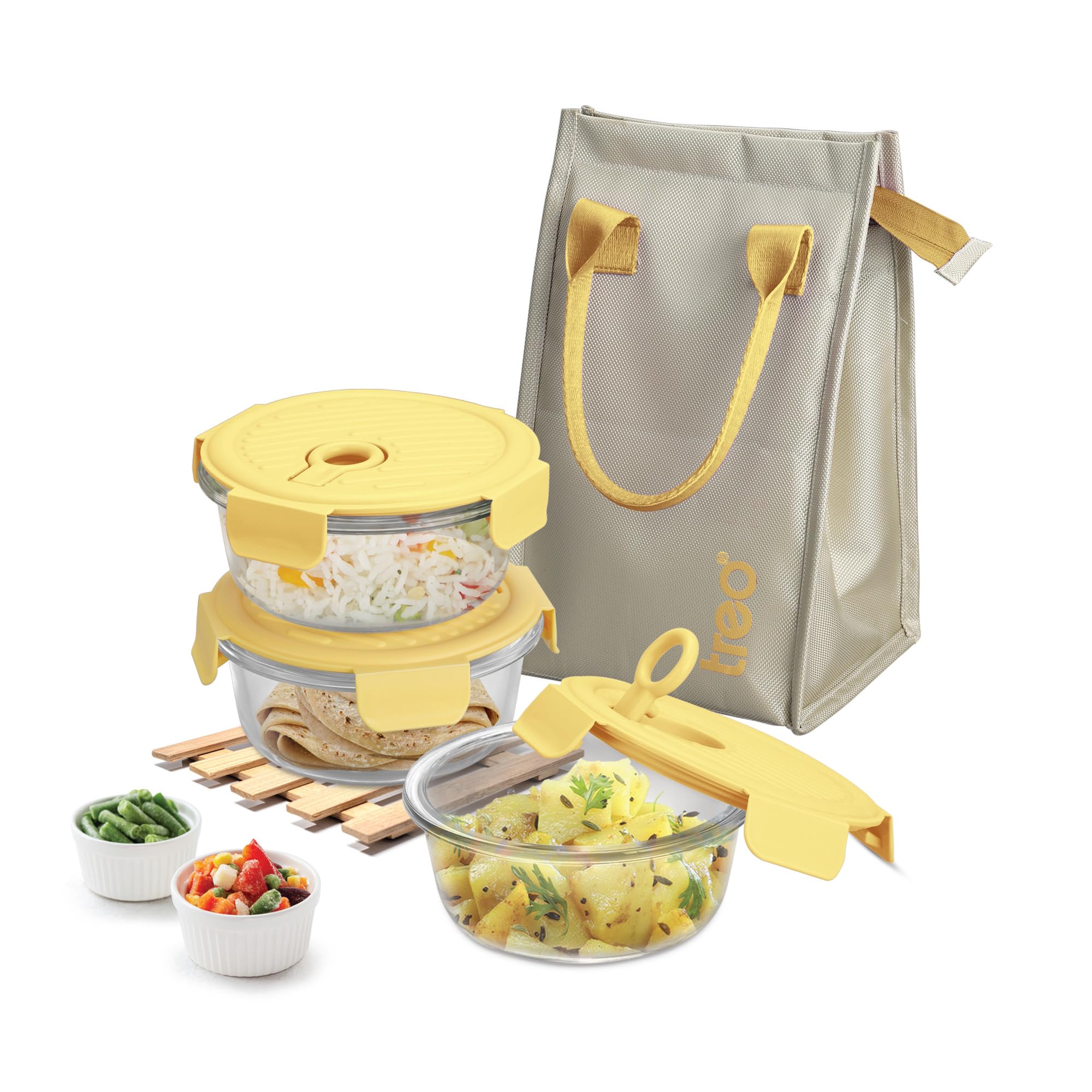 Treo by Milton Lumino Fresh Round Borosilicate Glass Lunch Box Set of 3, Yellow Lid, 400 ml Each with Lunch Bag, Microwave & Dishwasher Safe, Leak Proof Containers Office Tiffin — Amazon image 5