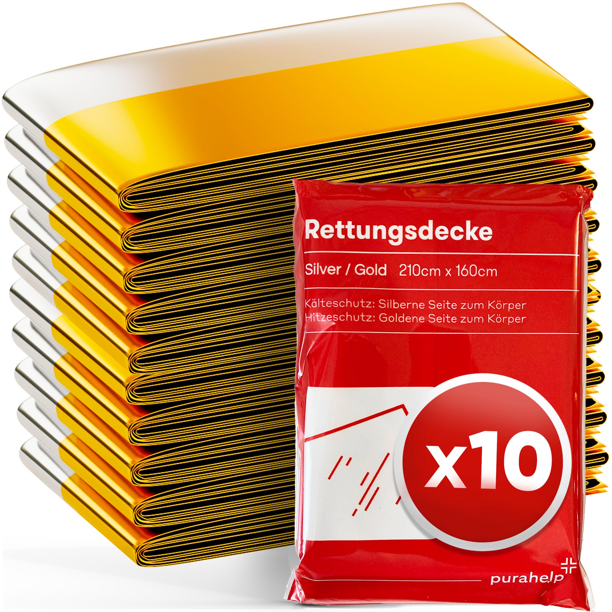 PURAHELP® Rettungsdecke Gold & Silber [10 STÜCK] - 210 x 160 cm | Notfalldecken für Erste Hilfe, Outdoor & Auto - Wetterfeste Überlebensdecken für Wandern, Camping & Notfälle