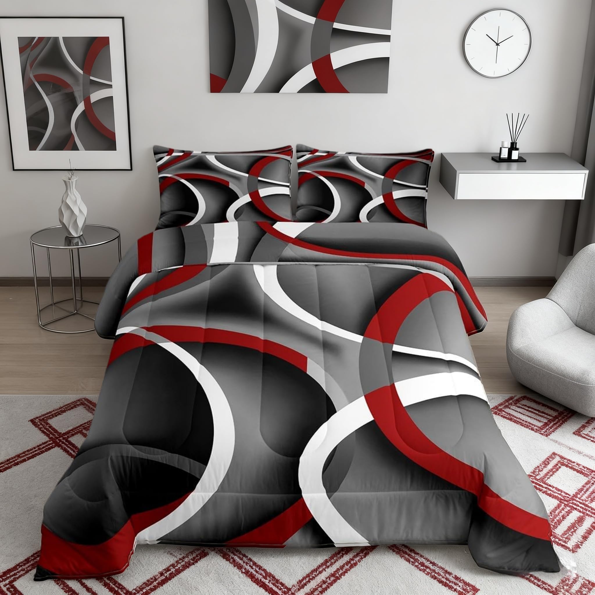 Castle Fairy Stripes Comforter Set King Size Teens Gray Black Red Swirls Room Decor Abstract Circle Bedding Set, Soft Lightweight Modern Simple Style