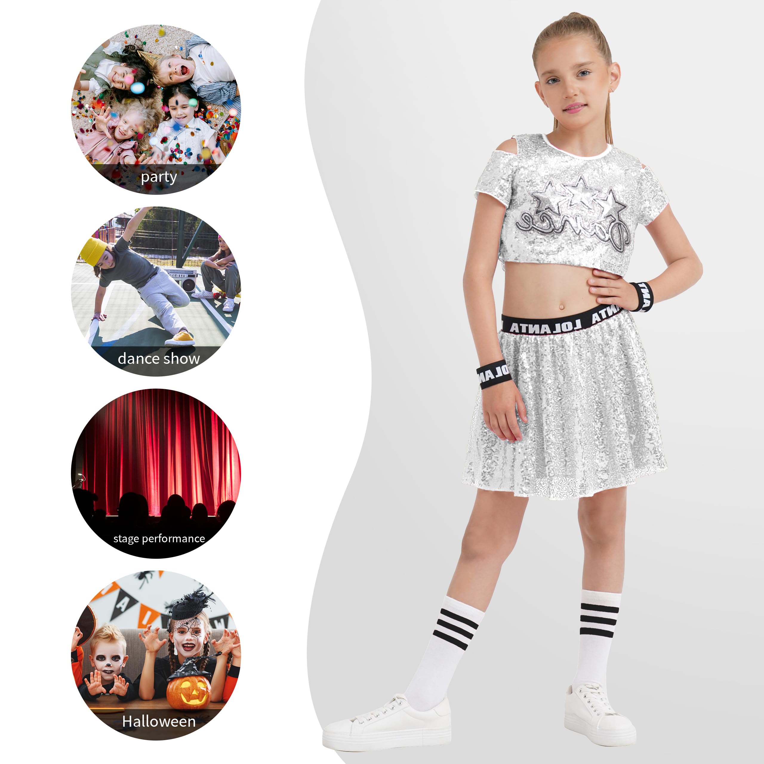 LOLANTA Tenues de Danse à Paillettes pour Filles, Vêtements de Danse Jazz Hip Hop Scintillants, Hauts Courts avec Jupe 5-12 Ans