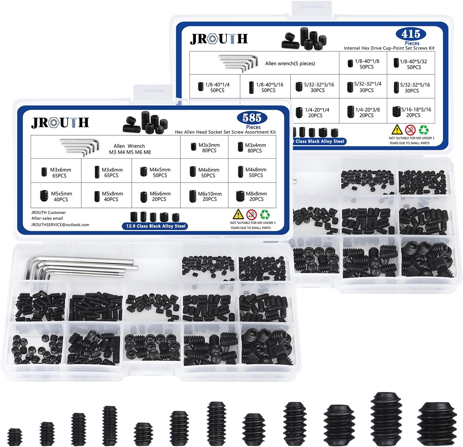 1000pcs Metric + SAE Set Screw Assortment Kit, Internal Hex Drive Cup-Point Allen Screws Set 12.9 Class Alloy Steel Grub Screw (M3-M8, 1/8"-40 to 5/16"-18)
