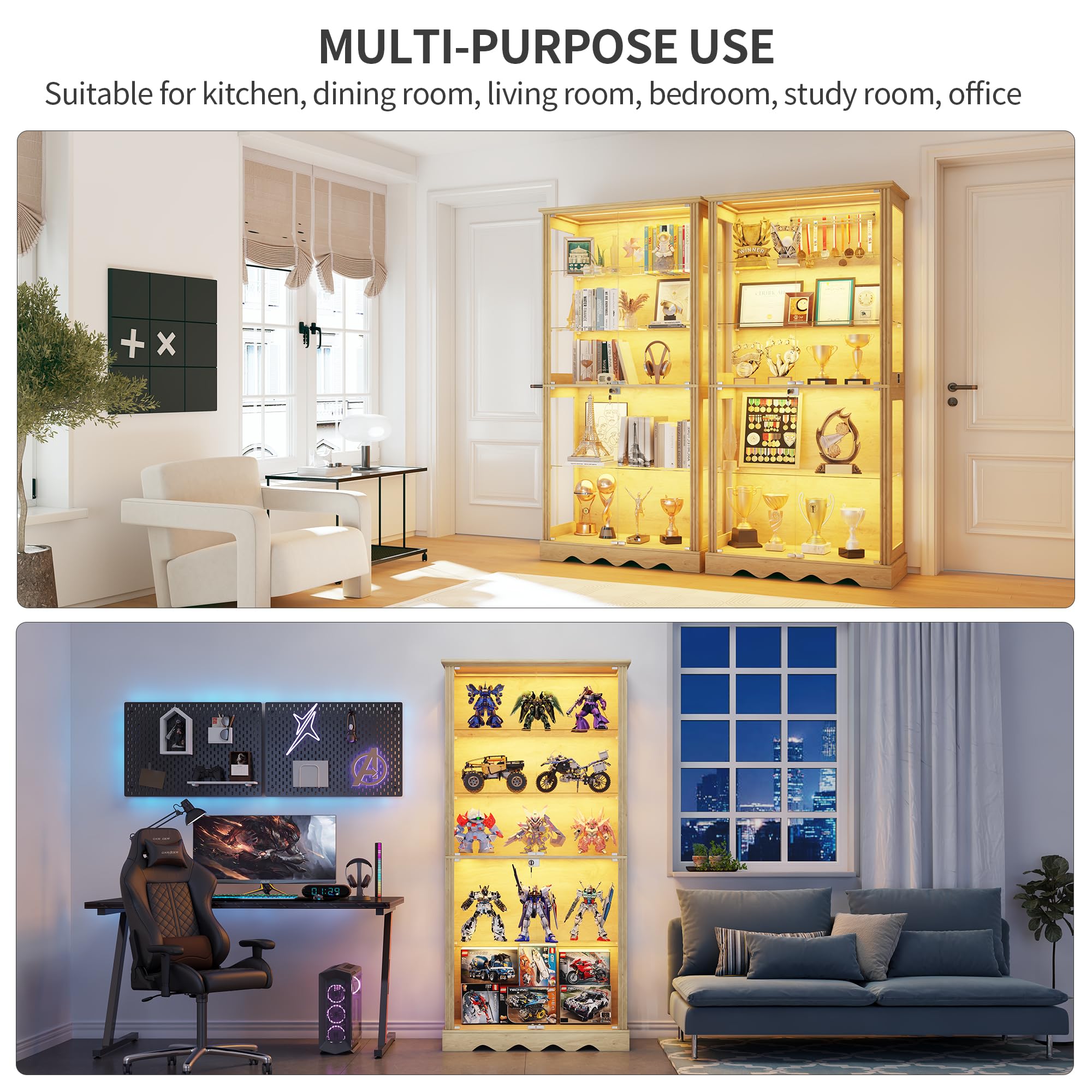 Vitrina de cristal de 5 capas de 180 cm, con iluminación LED y puertas de cristal, color madera | Vitrina con sensor inteligente para coleccionables