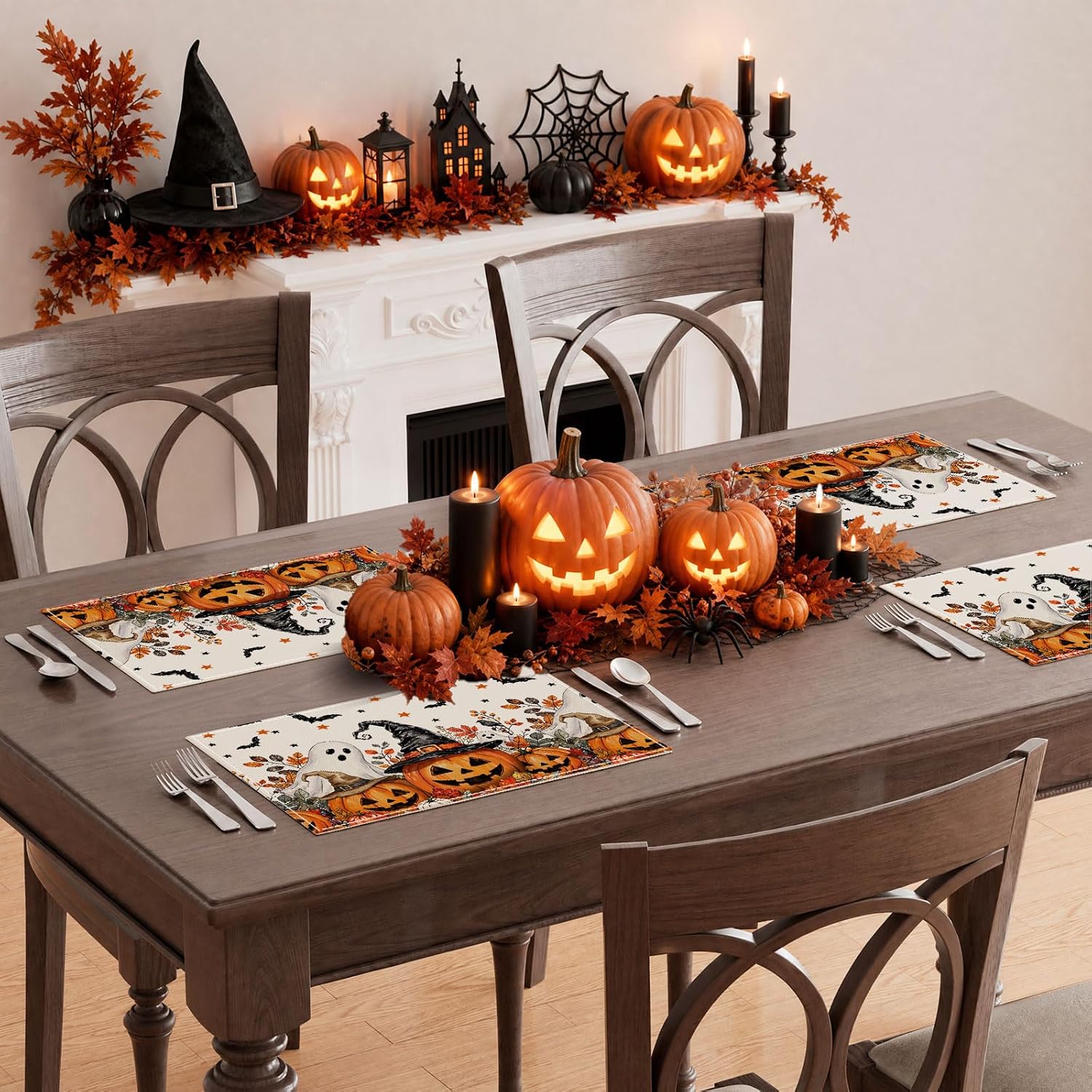 XCHI Halloween Pumpkin Bat Placemats Set of 4 Table Decor 12x18 Inch