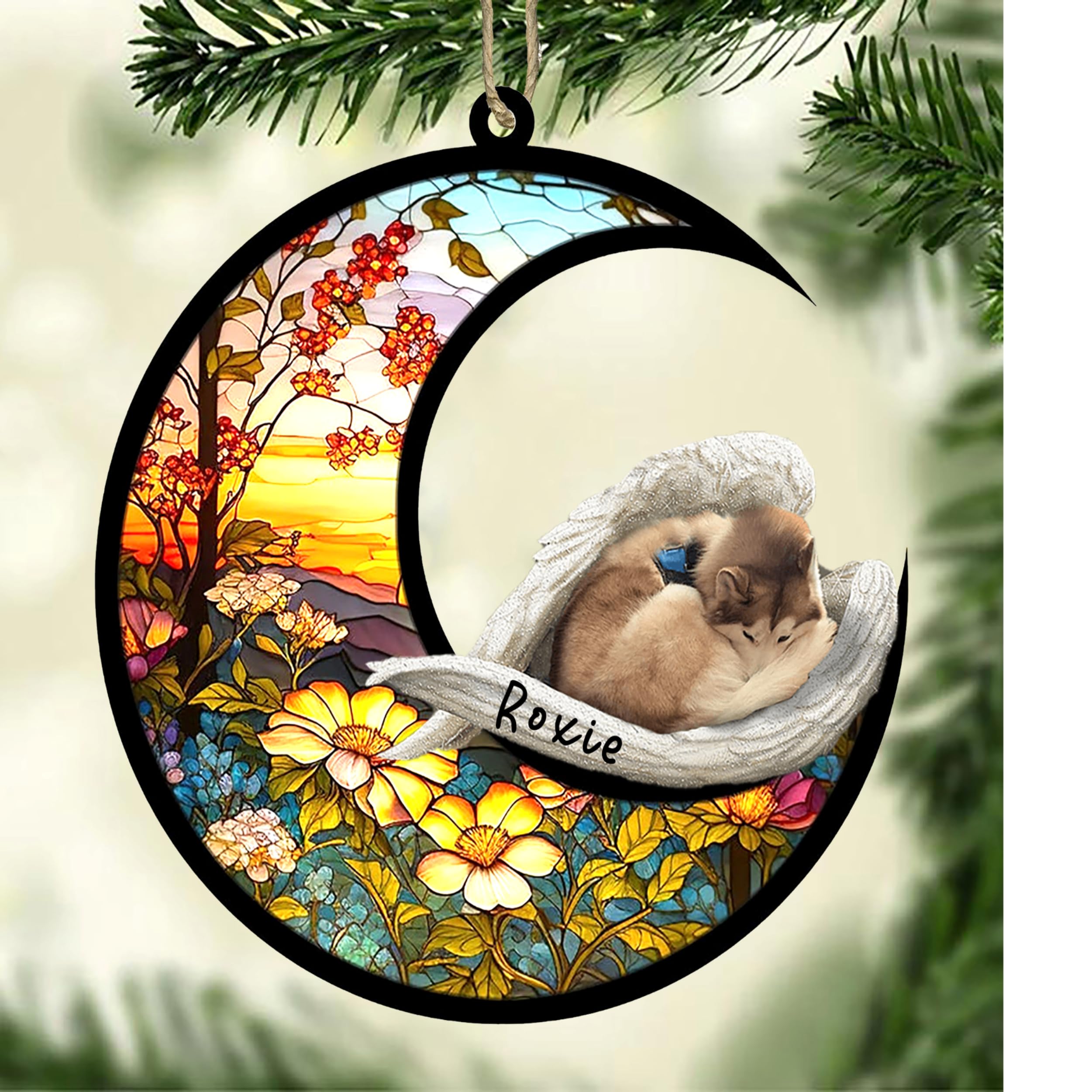 Personalized Tan and white husky_1 Dog Memorial Suncatcher, Tan and white husky_1 Christmas Ornament with Name, Pet Loss Catcher, Gifts for Dog Lovers Loss of Dog, Tan and white husky_1 Sleep on Haven