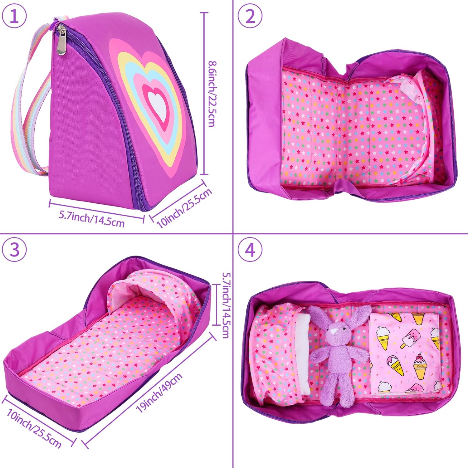 Ecore Fun 18 Inch Doll Clothes and Accessories, Bedding Accessories (8pcs) - Multi-Functional Sling Bag(Unfold Into A Bed), Pajamas, Slippers, Pillow, Blanket, Toy Rabbit, Hairband