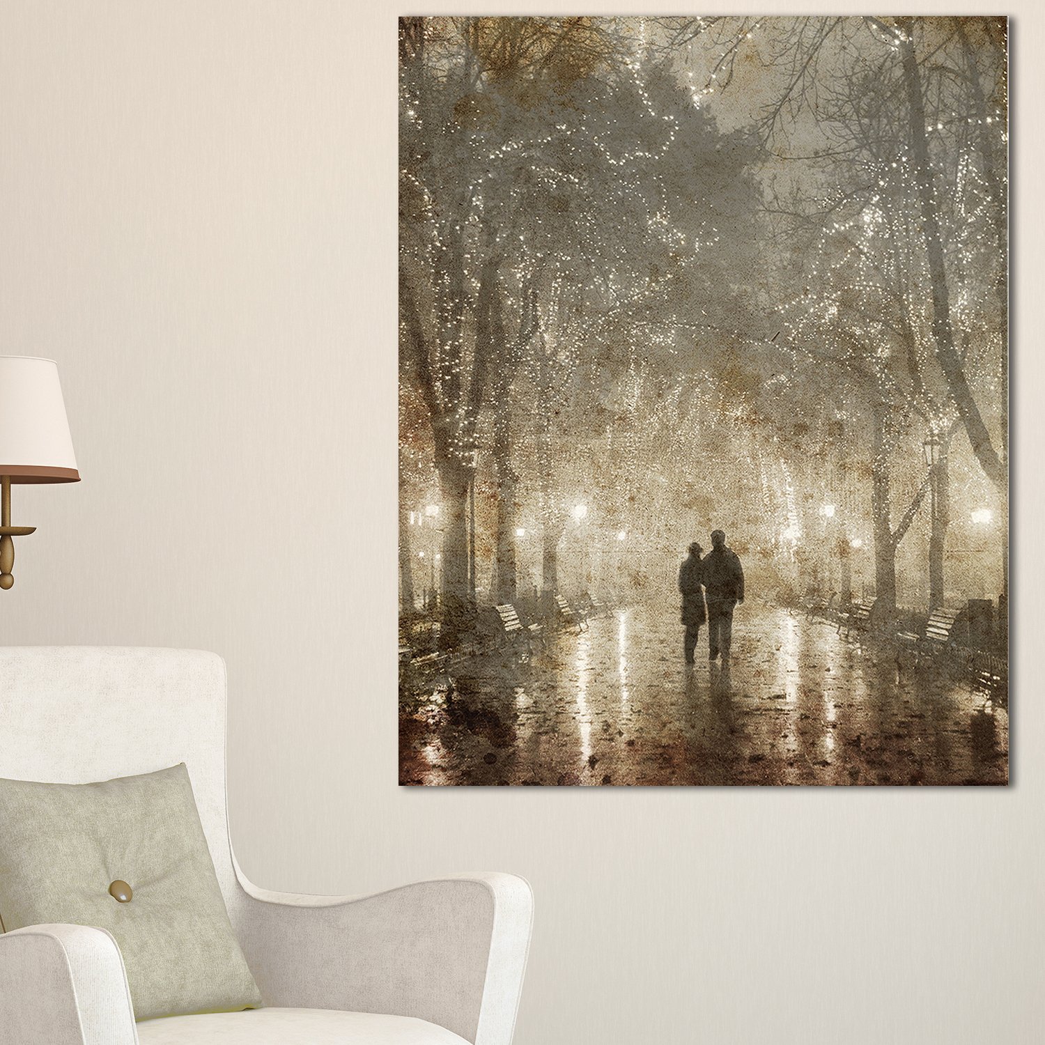 Designart PT8289-30-40 Couple Walking in Night Lights Landscape Photo Canvas Print, 30 in x 40 in
