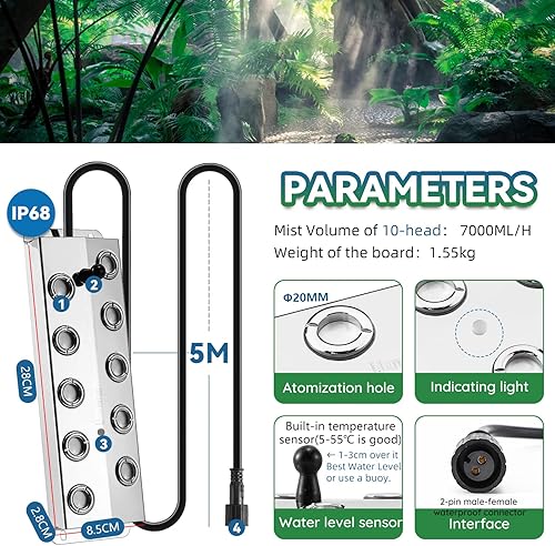 Miniatura 2 de Mxmoonant Mist Maker 10 Head Ultrasónico Estanque Fogger 236.7 fl oz/H Humidificador de niebla con flotador Fuente de alimentación de 400 W para