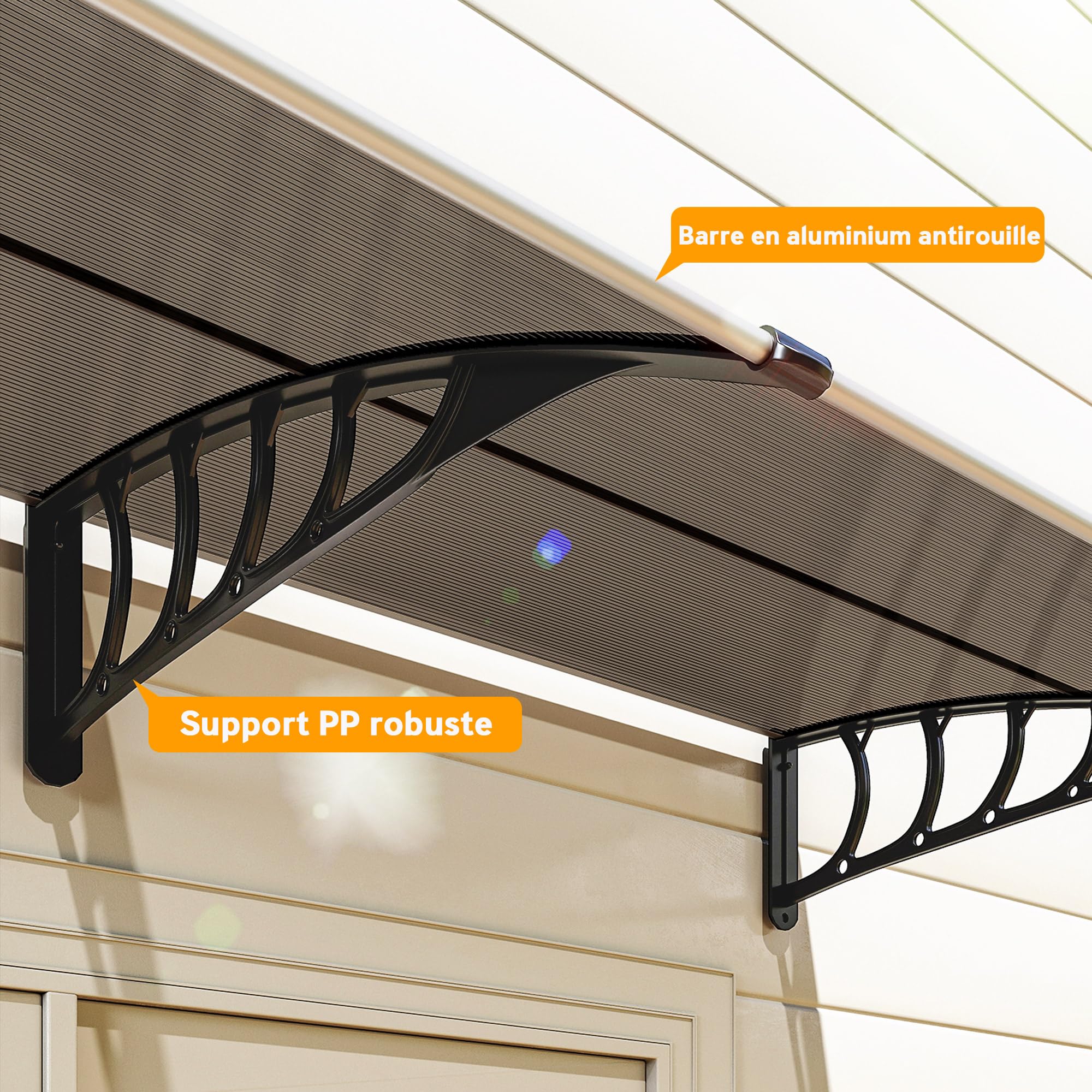 Outsunny Auvent de Porte d'entrée, Toit Marquise de Porte Exterieur en Polycarbonate et Profil Aluminium, Protection Contre la Pluie et UV pour terrasse, Balcon, 200x96 cm, Marron