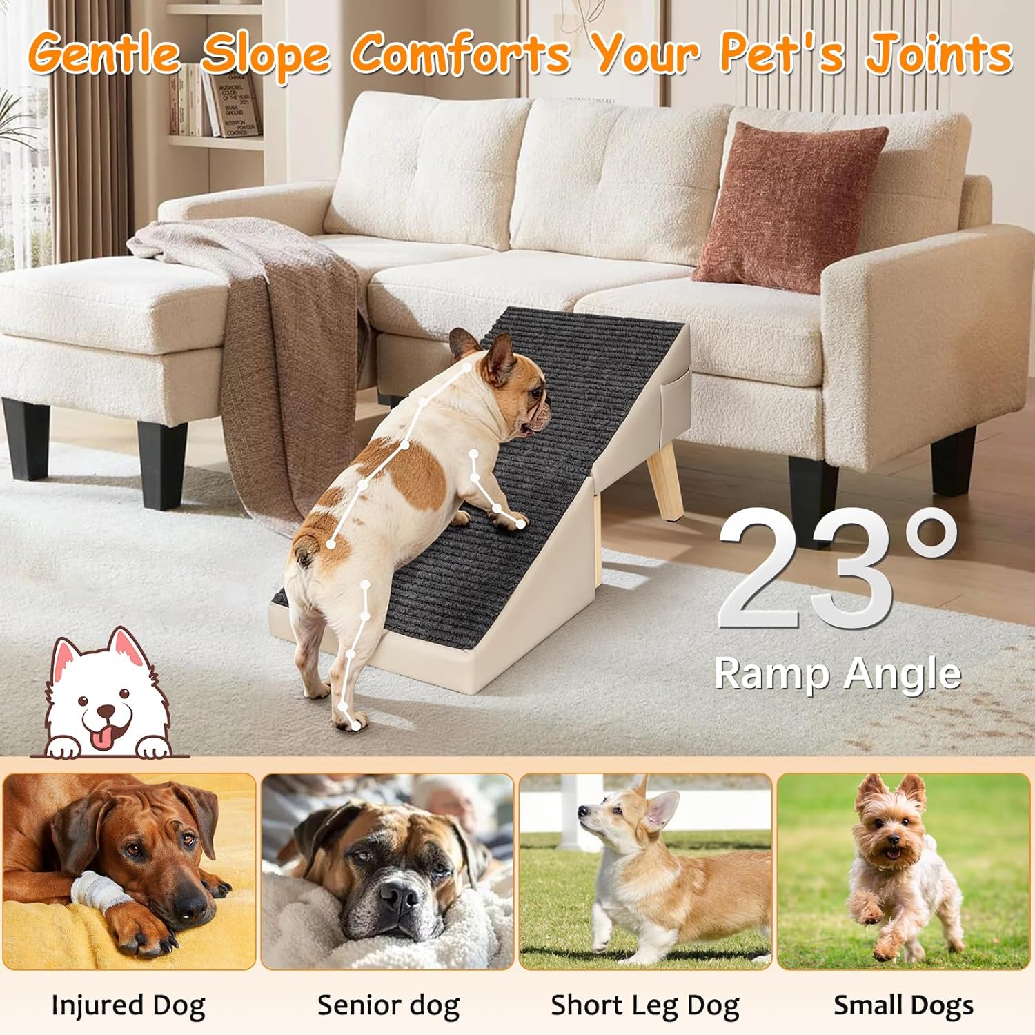 2-in-1 foldable dog ramp for couch and bed, 14.4" h dog ramps for small dogs and cats, wooden pet stairs with non-slip mat & side pockets, split ottoman pet ramp steps for medium dogs, puppy beige