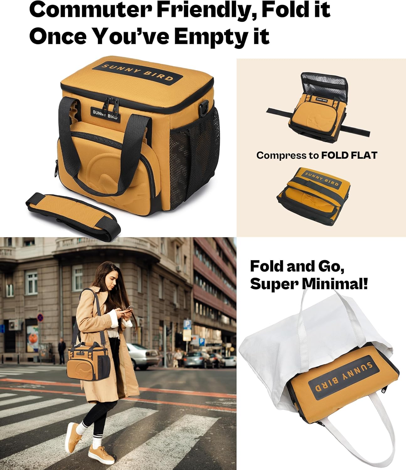 SUNNY BIRD 12L Large Insulated Lunch Bag, Leakproof and Foldable Lunch Cooler Box for Women Adult and Men, Fits 18 Cans (Ochre 01) - Image 2