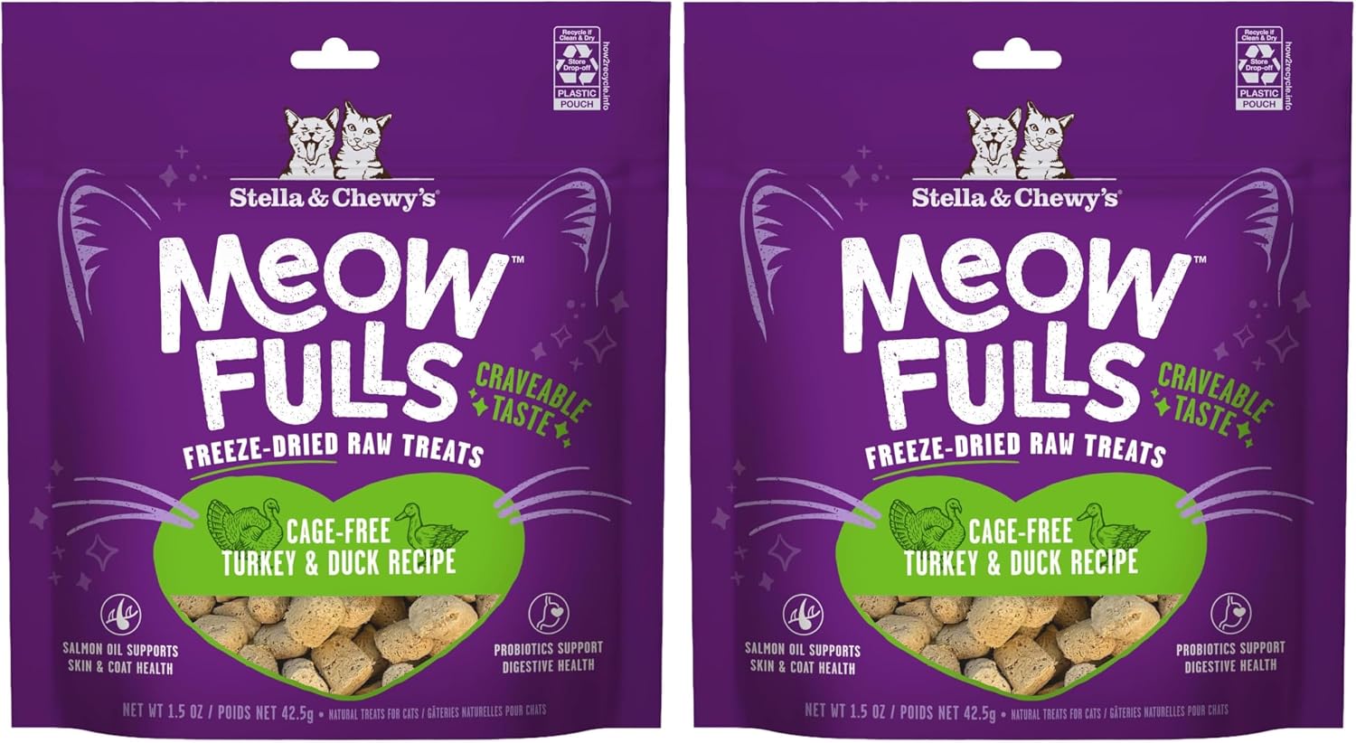 Golosinas para gatos Stella & Chewy's Meowfulls - Pollo y Pato - Proteína cruda con probióticos y aceite de salmón - 1 caloria por golosina - 1.5 oz (Pack de 2) miniatura 1