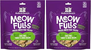 Stella & Chewy's Meowfulls Freeze Dried Cat Treats - Turkey & Duck Recipe - Raw Protein with Probiotics-& Salmon Oil - 1 Calorie Per Treat - 1.5 oz,(Pack of 2)