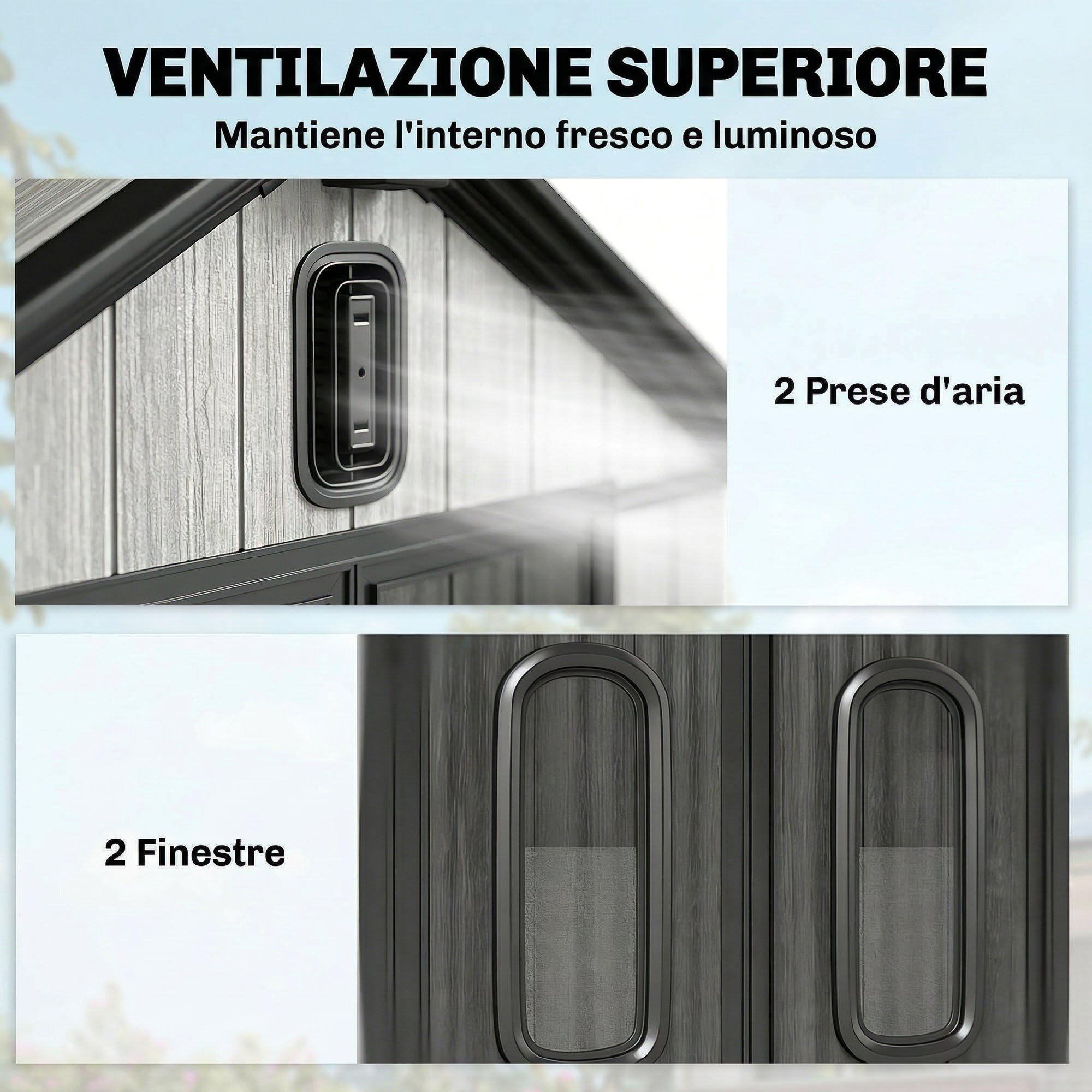 Outsunny Casetta da Giardino 1.3m² in Plastica con Pavimento, Telaio Metallo, Capanno da Giardino Porta Attrezzi con Prese d'Aria, 2 Finestre, Doppia Porta Bloccabile, Tetto Inclinato, Grigio