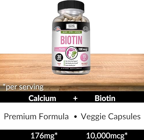 Miniatura 5 de Kaya Naturals Biotin 10,000mcg Vitaminas para el crecimiento del cabello, uñas fuertes, suplemento para la piel saludable para mujeres y hombres,