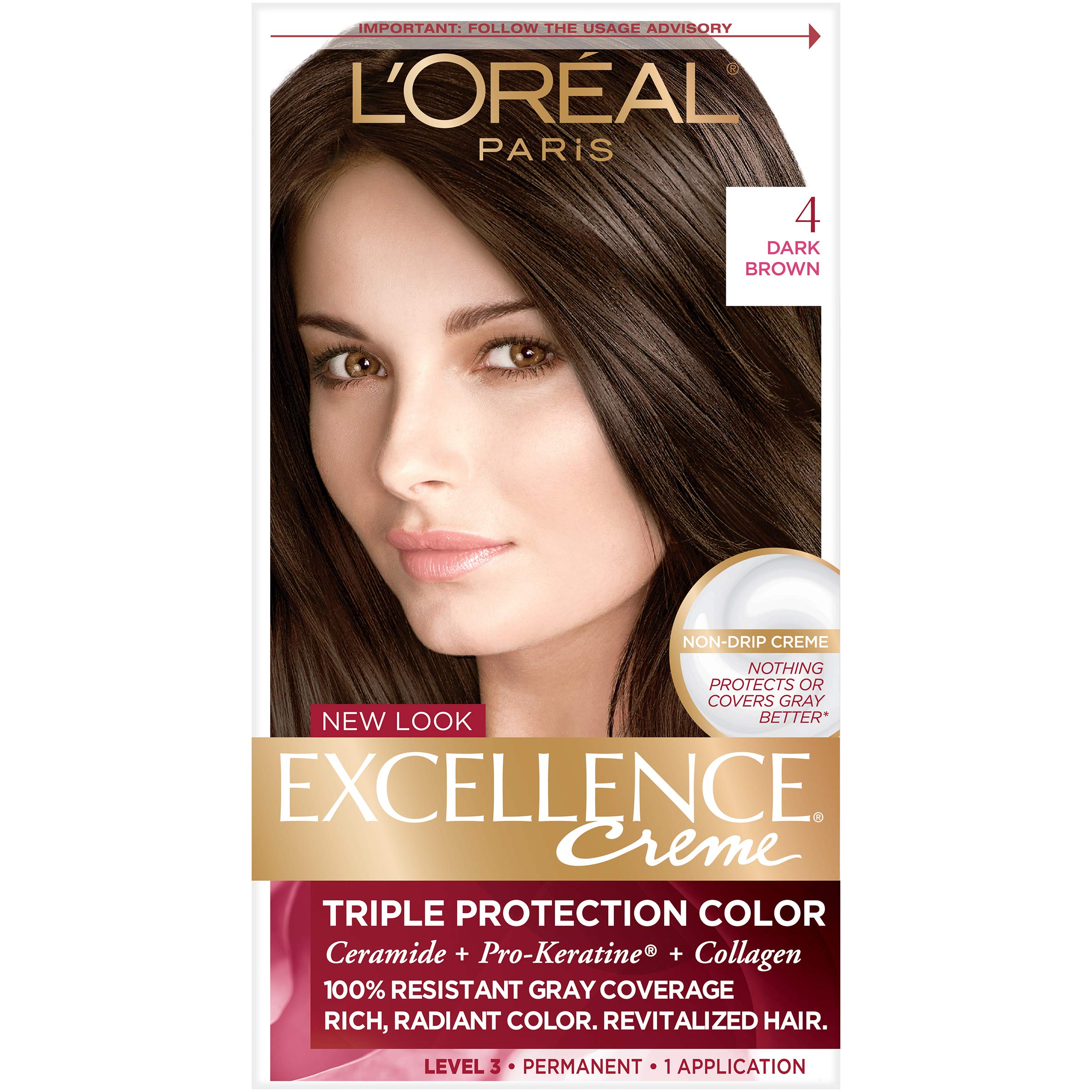 L'Oreal Paris Excellence Creme Permanent Triple Care Hair Color, 4 Dark Brown, Gray Coverage For Up to 8 Weeks, All Hair Types, Pack of 1