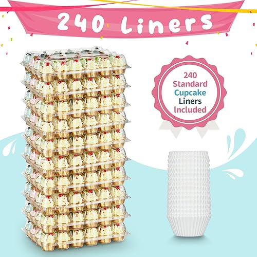 Miniatura 5 de (24 paquetes x 10 juegos) Soportes apilables para cupcakes con 240 forros para cupcakes, soportes de plástico para 24 cupcakes, recipientes de tapa