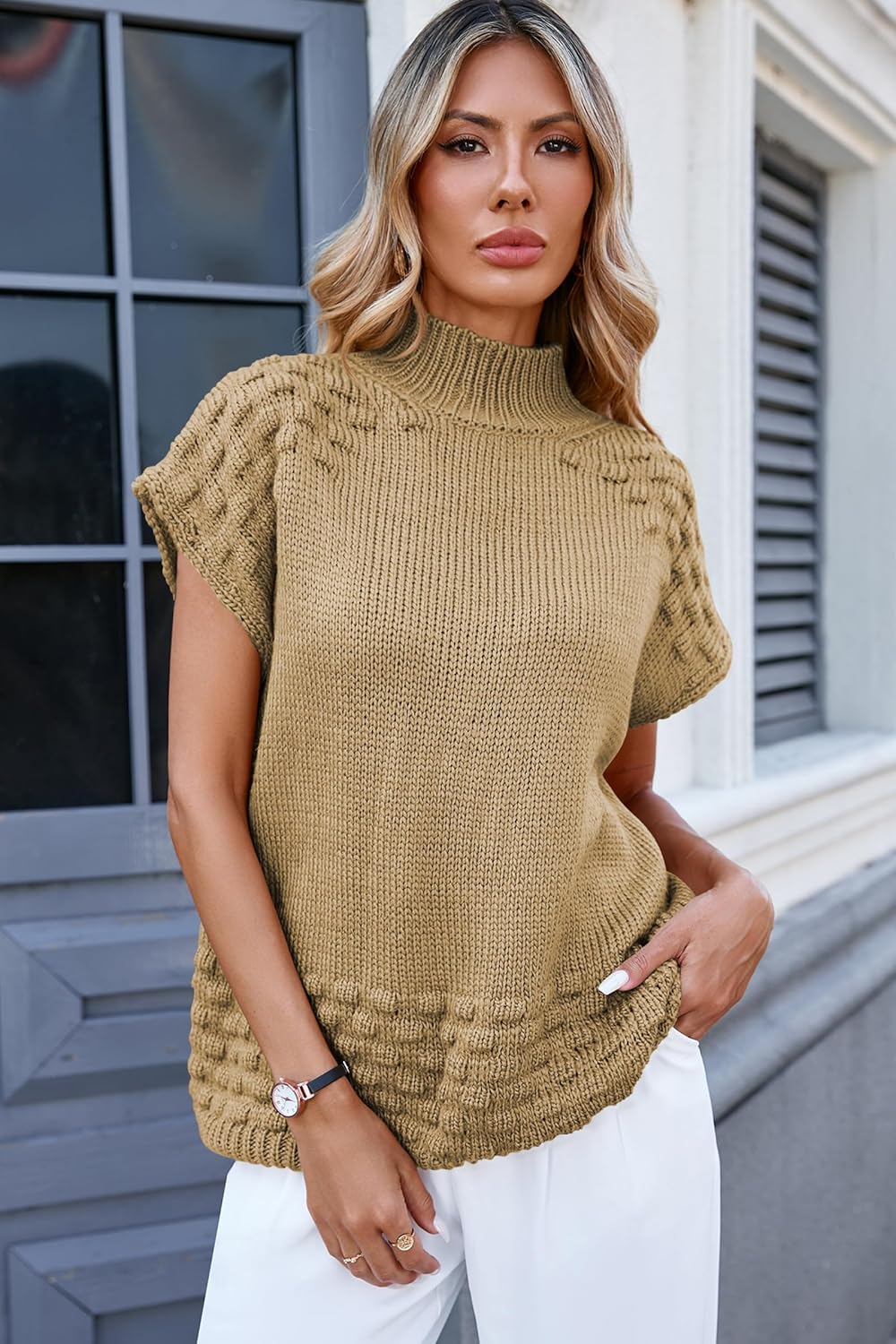 Cakulo Womens Oversized Sweater Vest Short Sleeve Mock Neck Fall Outfits Sleeveless Pullover Sweaters 2025 - Image 4