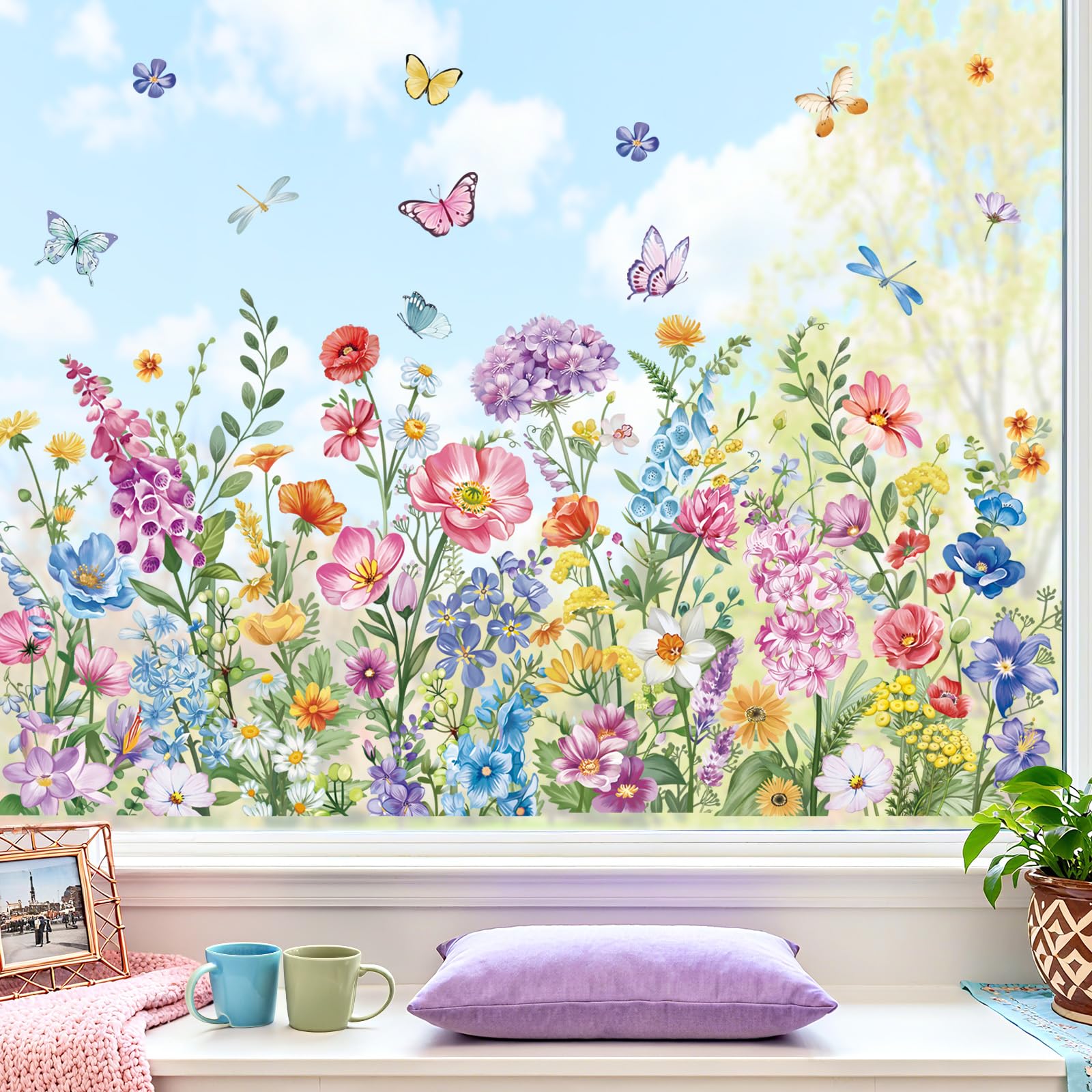 wondever Adesivi Finestra Giardino Fiori Vetrofanie Adesivi Anticollisione per Floreali Erba Selvatici Farfalle Primavera Estate Adesivi Elettrostatici per Vetro Porte Finestre