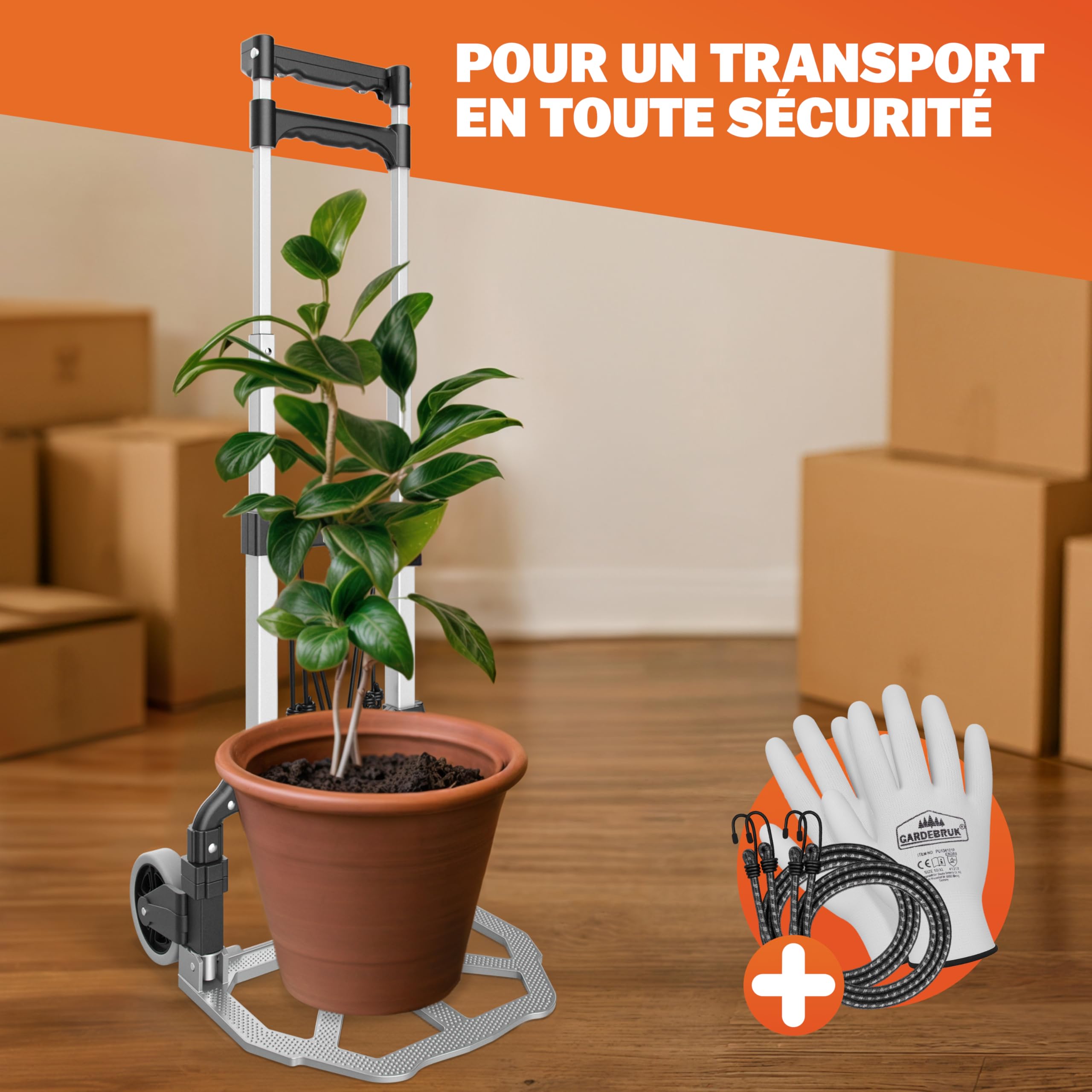 GARDEBRUK® Diable Aluminium Pliable 80kg Roues Pleines increvable Gants 2 tendeurs Chariot de Transport Diable déménagement Chariot Pliant manutention