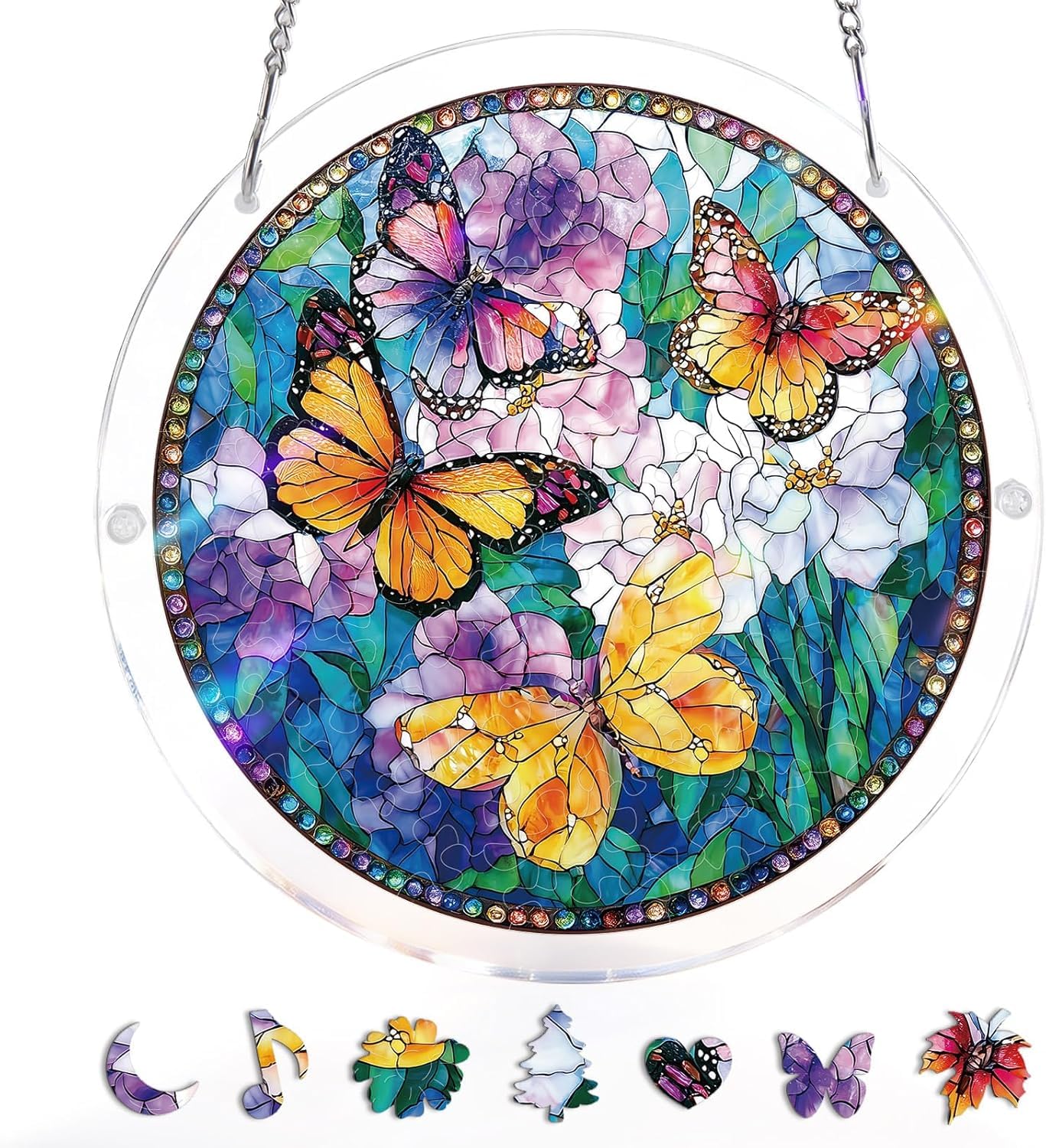 Jigsaw Puzzle Suncatcher, Sun Catcher Puzzle 83 Pieces, Acrylic Puzzle for Adults, Stained Glass Window Hanging Suncatcher, DIY Home Decor Gift for Women Men Mom (Butterflies, 7 inch) - 1