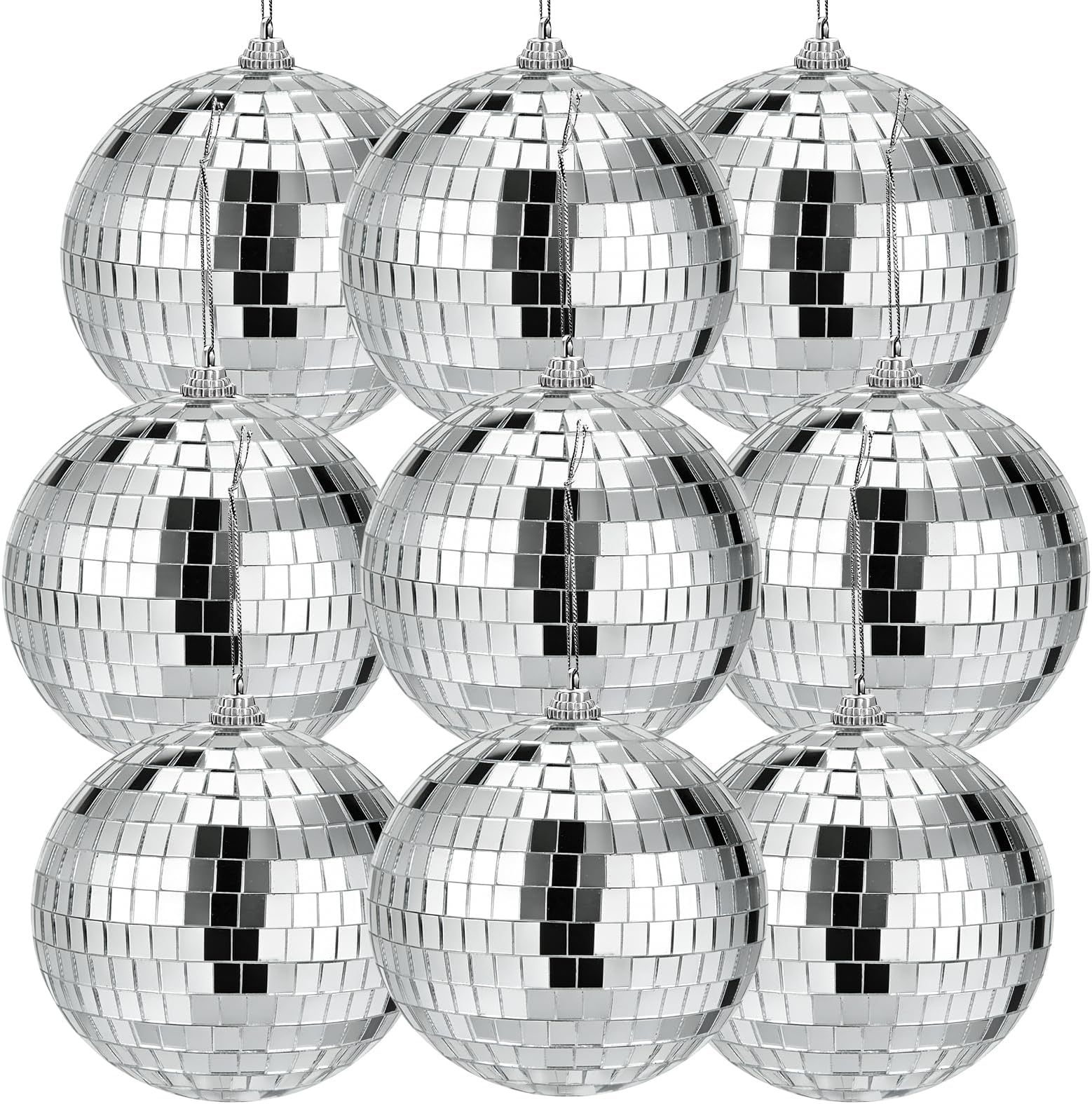 Suwimut 9 Pack Mirror Disco Ball, 4 Inch Small Mirror Ball Ornaments Silver Hanging Disco Balls with Attached String for Reflect Light, Party Favor, Home Bands Decorations, Stage Props, Christmas