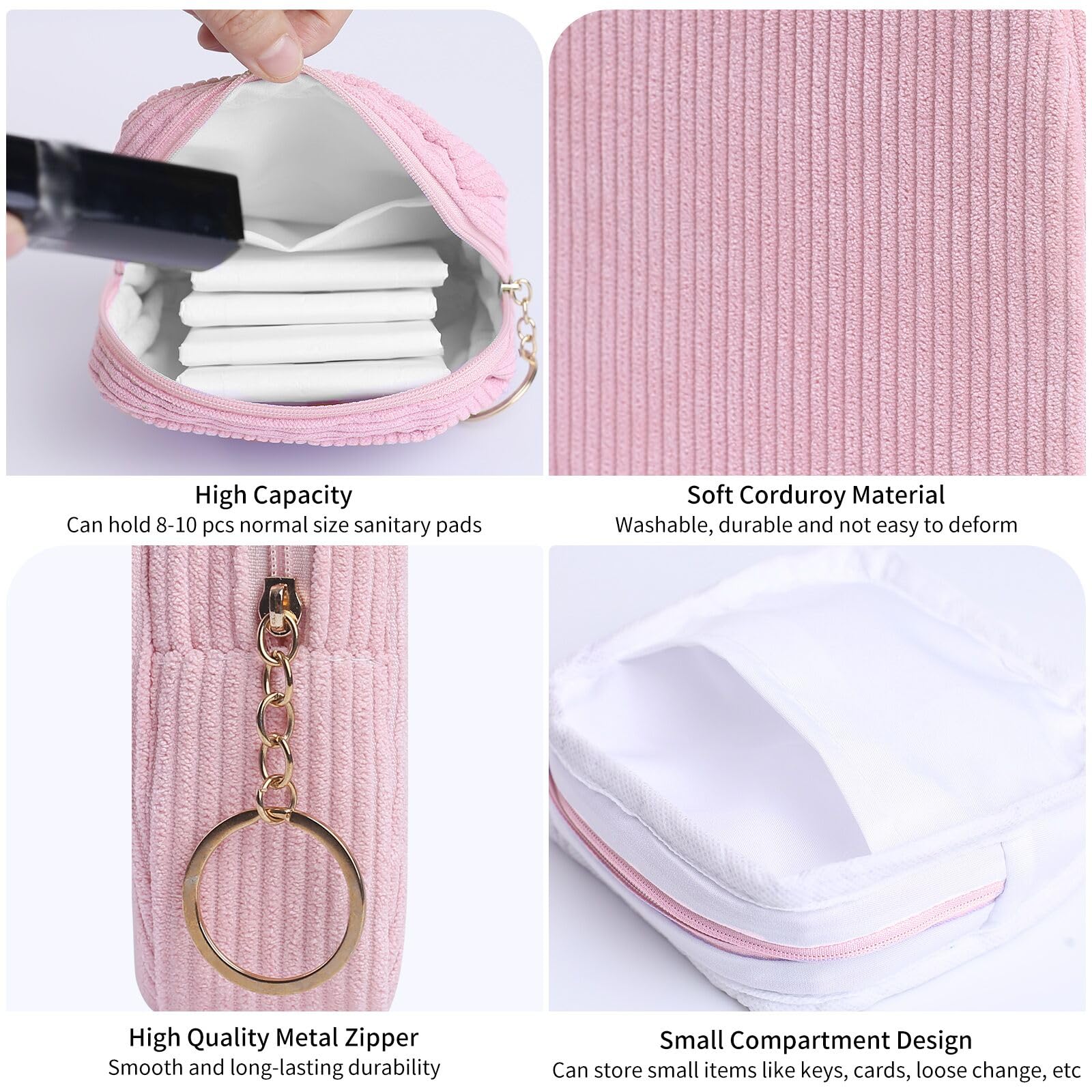 Bolsa de almacenamiento de servilletas sanitarias, bolsa de pana preppy para mujer, bonita bolsa de período portátil con cremallera, bolsa de almohadillas sanitarias para tampones para bolso, 3