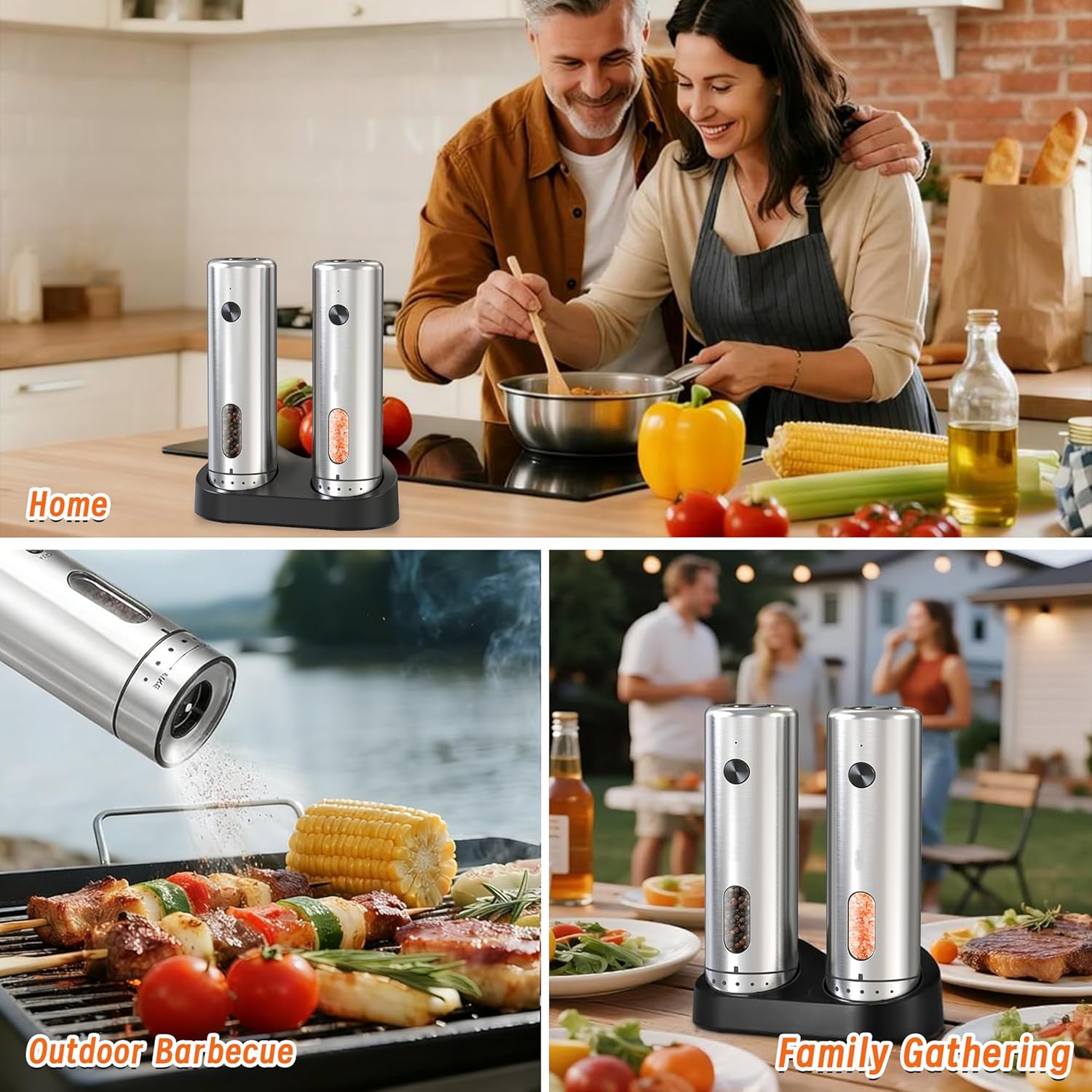 Electric Salt and Pepper Grinder Set - Rechargeable External Adjustment LED Light Dual Charging Base Upgraded Large Capacity with 110ml Top-Refill Stainless Steel Automatic Pepper Shakers