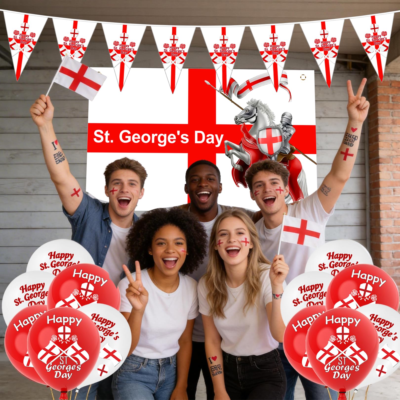 St Georges Flag, Happy St. George's Day Decorations Bunting with Balloons for England National Backdrop Decorations — view 6