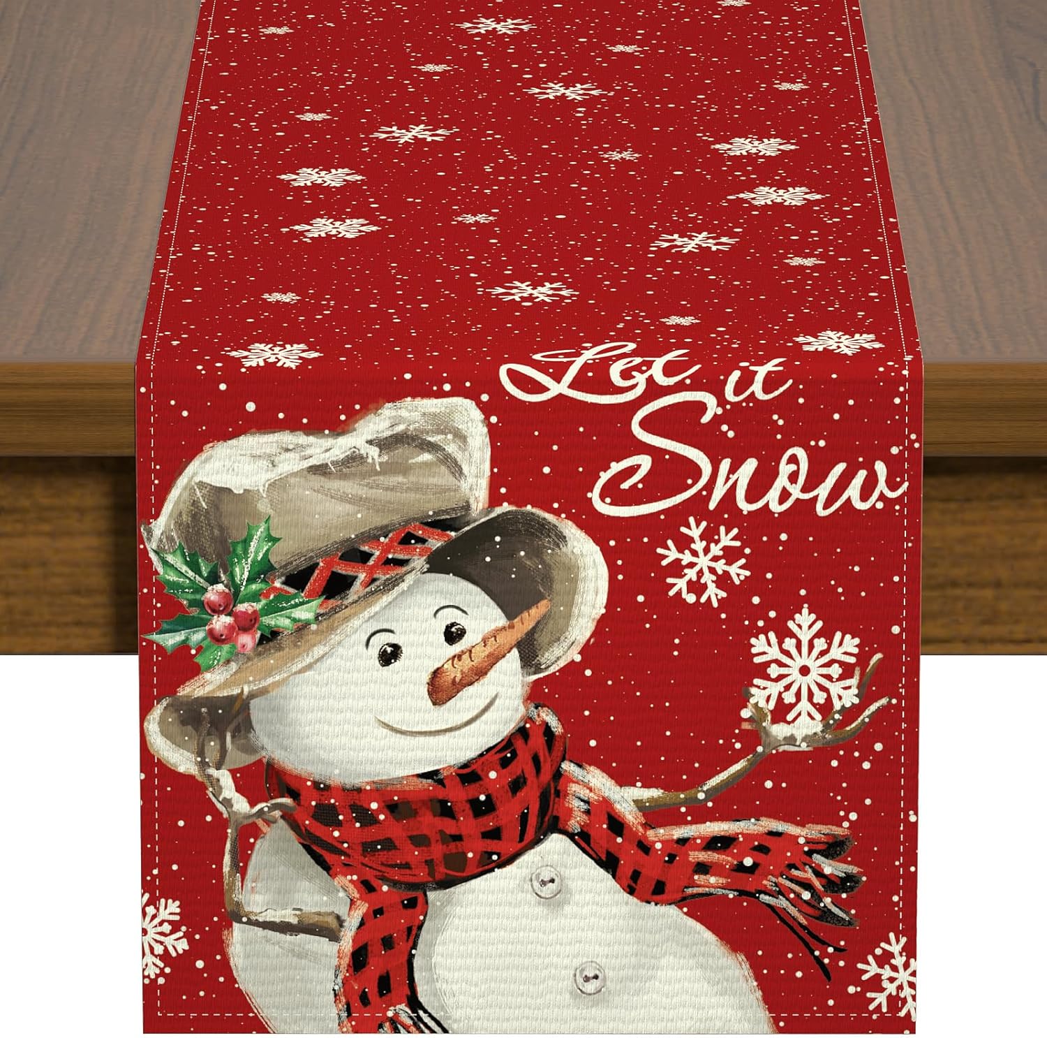 Christmas Table Runner Red Snowman Snowflakes Christmas