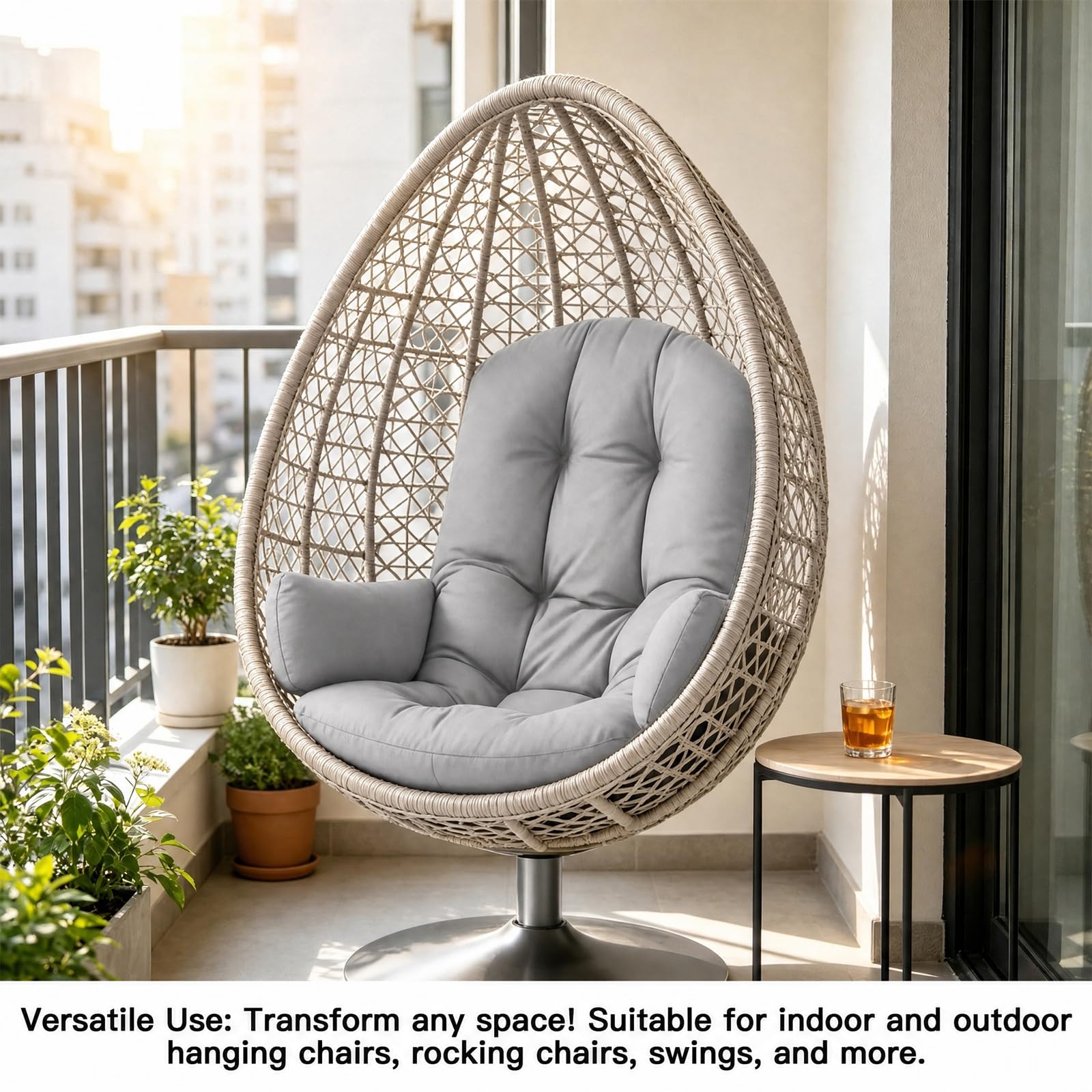 Cuscino per poltrona sospesa per esterni, impermeabile, spesso, imbottito, con forma rotonda e fissaggio, per sedia a uovo di Papasan, balcone, giardino (grigio)