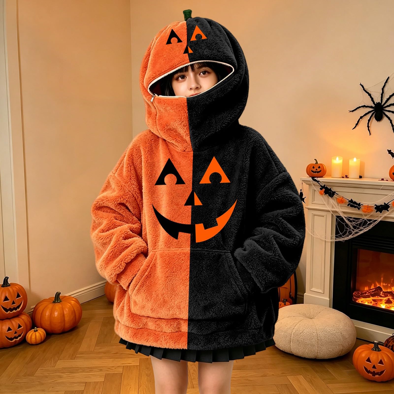 Felpa con cappuccio da ragazza a colori sfocata | Felpe con cappuccio morbide e calde a due tonalità con faccia di zucca per feste di Halloween autunno inverno scuola vacanze
