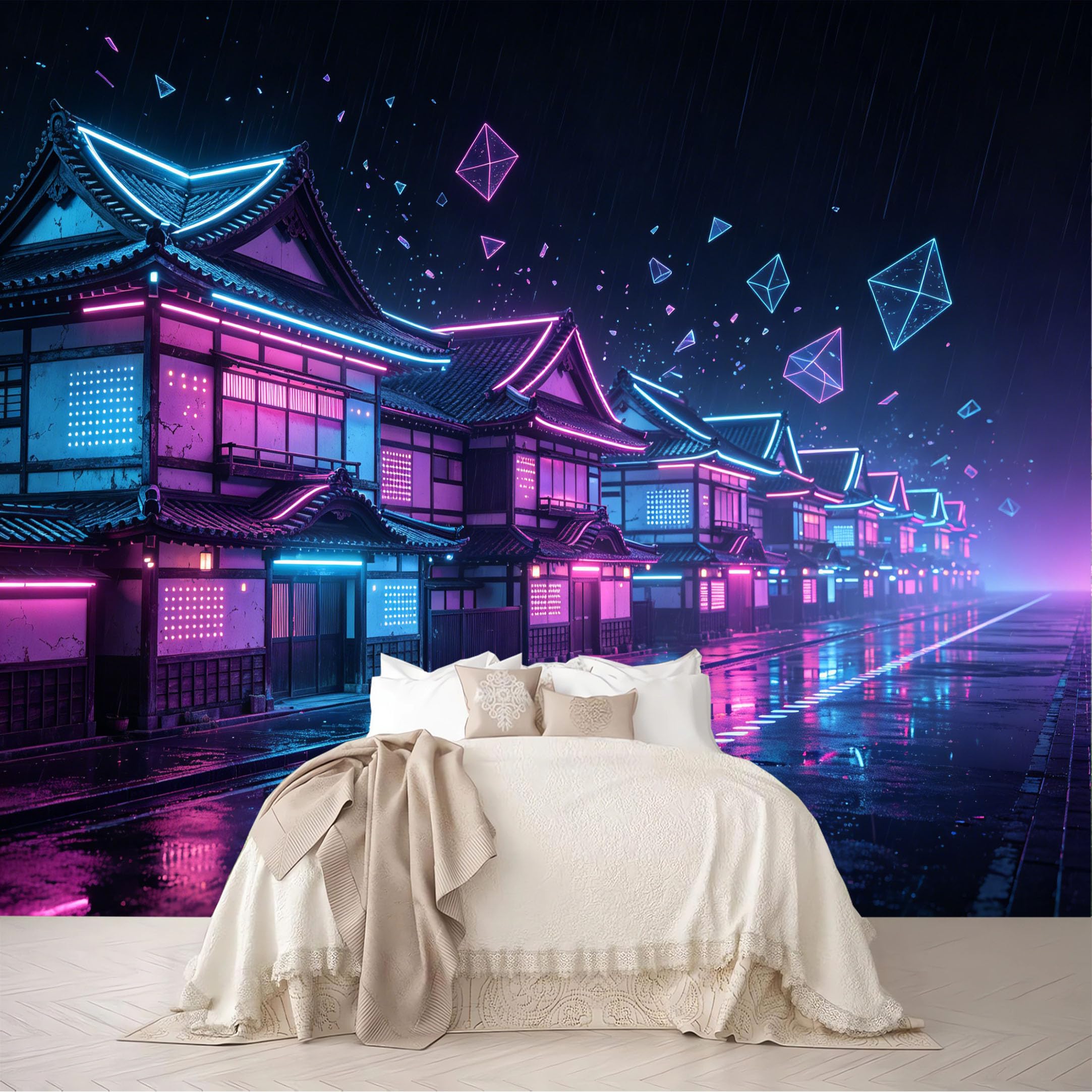 Dskjoviality Ab260706062 Custom Size Wall Mural Neon Rainy Town Geometric Crystal Night Wallpaper Removable Self Adhesive Peel And Stick Wallpaper For Bedroom Living Room Dining Room