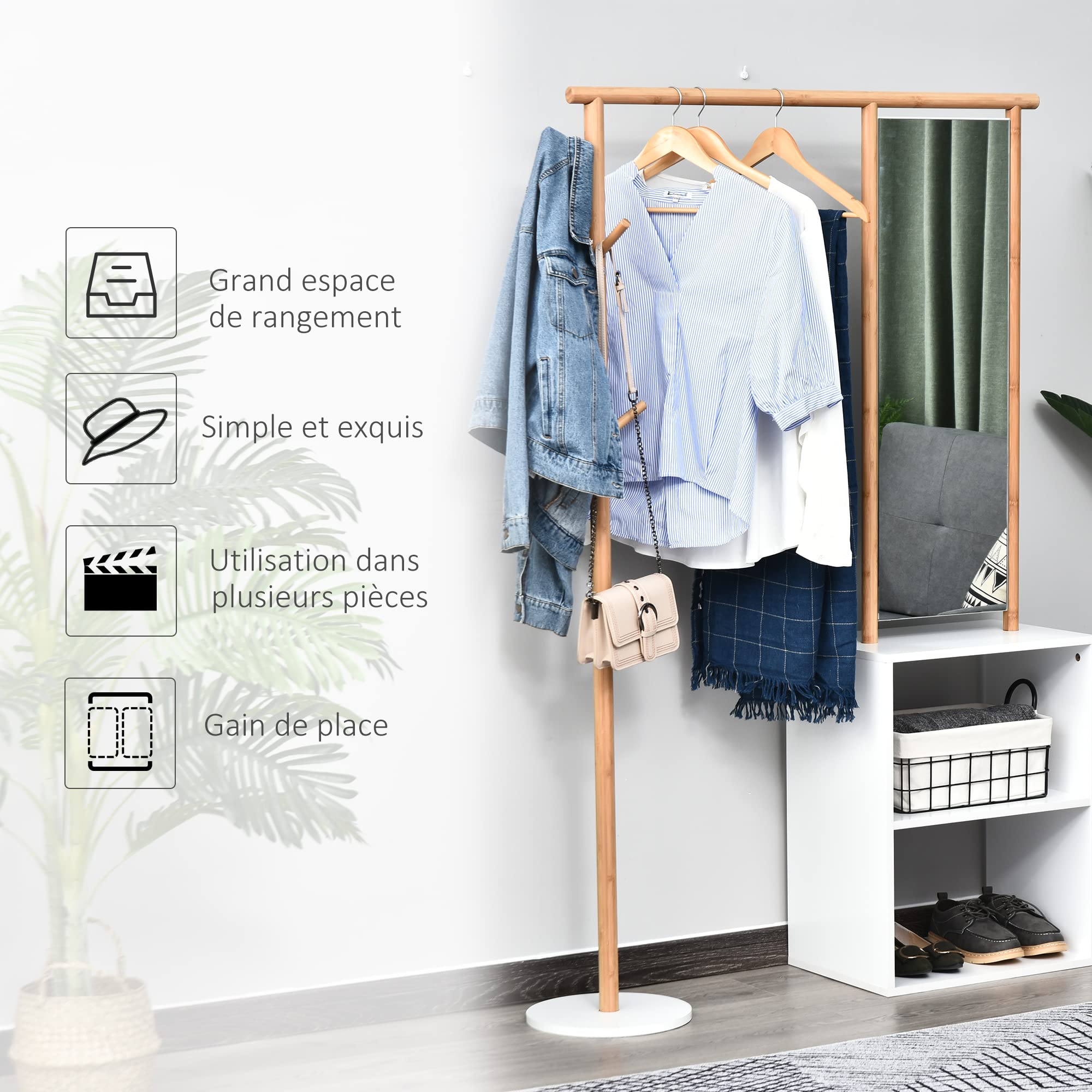 HOMCOM Porte-manteaux meuble d'entrée vestiaire penderie avec miroir 4 patères 2 niches dim. 100L x 34l x 164H cm MDF blanc bois massif bambou