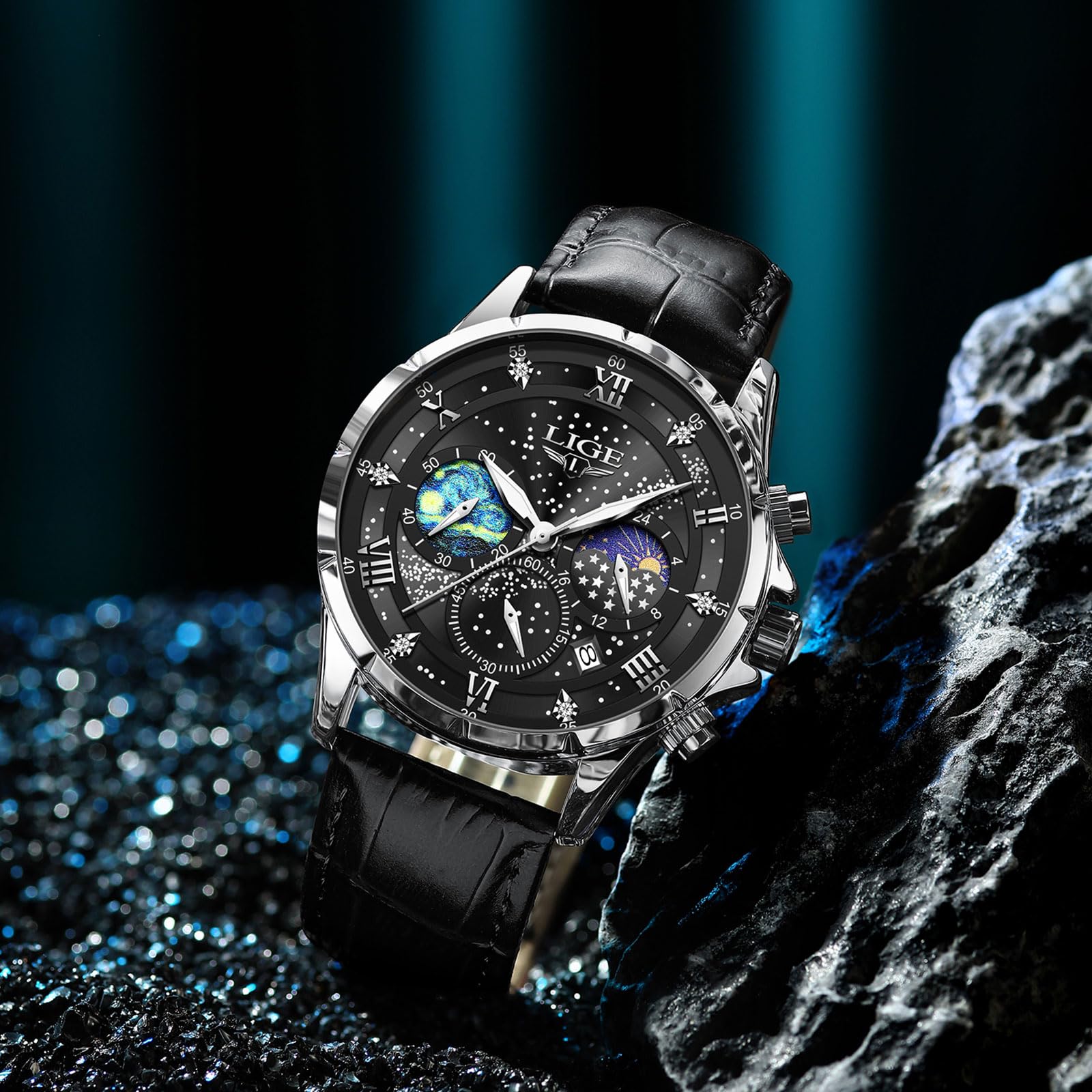 LIGE Orologio da uomo, cronografo, in acciaio inox, impermeabile, analogico, fase lunare, design al quarzo, nero, cinturino in pelle, da uomo, con data, luminoso, business, casual, per uomini, colore: