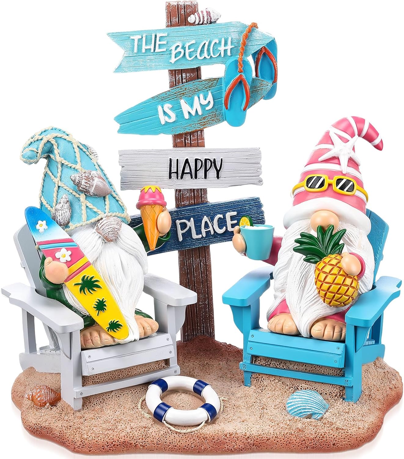 Wonderjune Beach House Decor Coastal Chair Resin with Animal Figurine Signs Ornament for Summer Beach Tropical Table Mantle Tabletop Decoration or Housewarming Birthday Gift 7x7 Inch(Gnome)